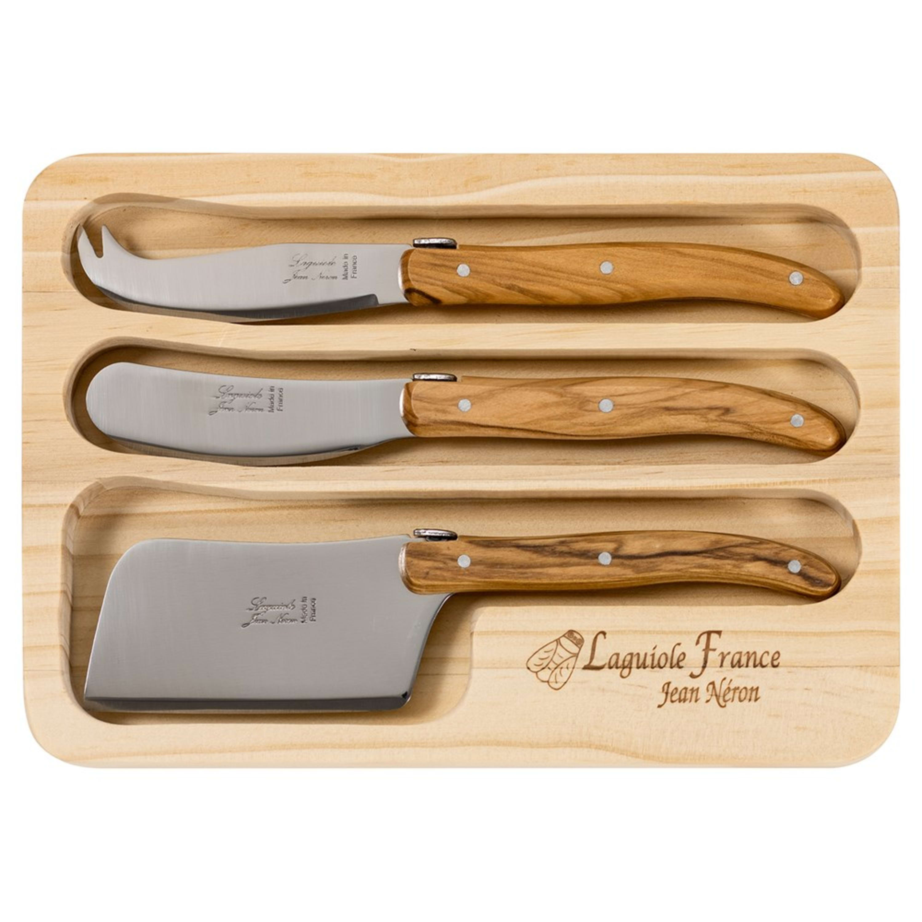 Laguiole Jean Néron 3 Piece Mini Cheese Set (Pate & Cheese & Cleaver) - Olive Wood