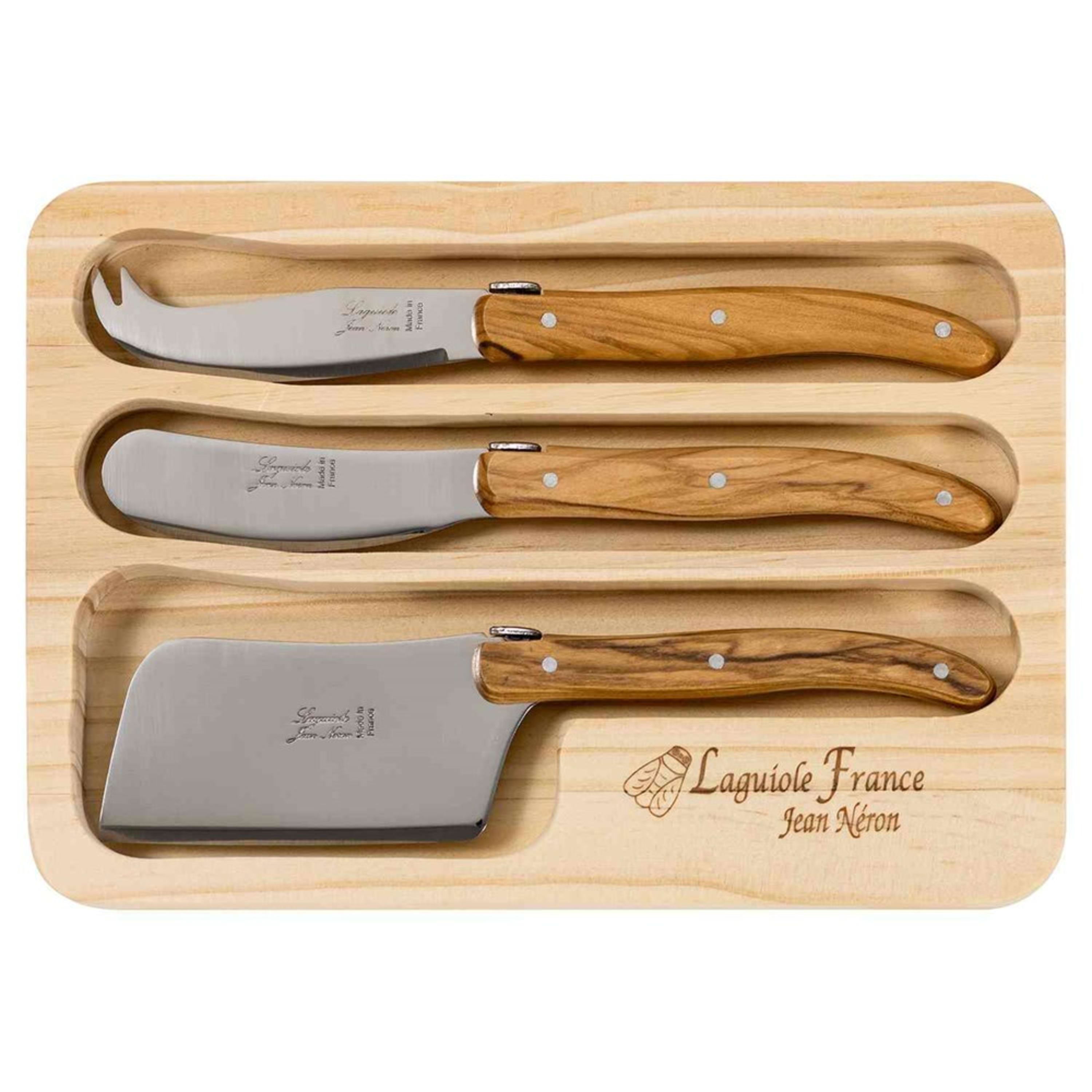 Laguiole Jean Néron 3 Piece Mini Cheese Set (Pate & Cheese & Cleaver) - Olive Wood