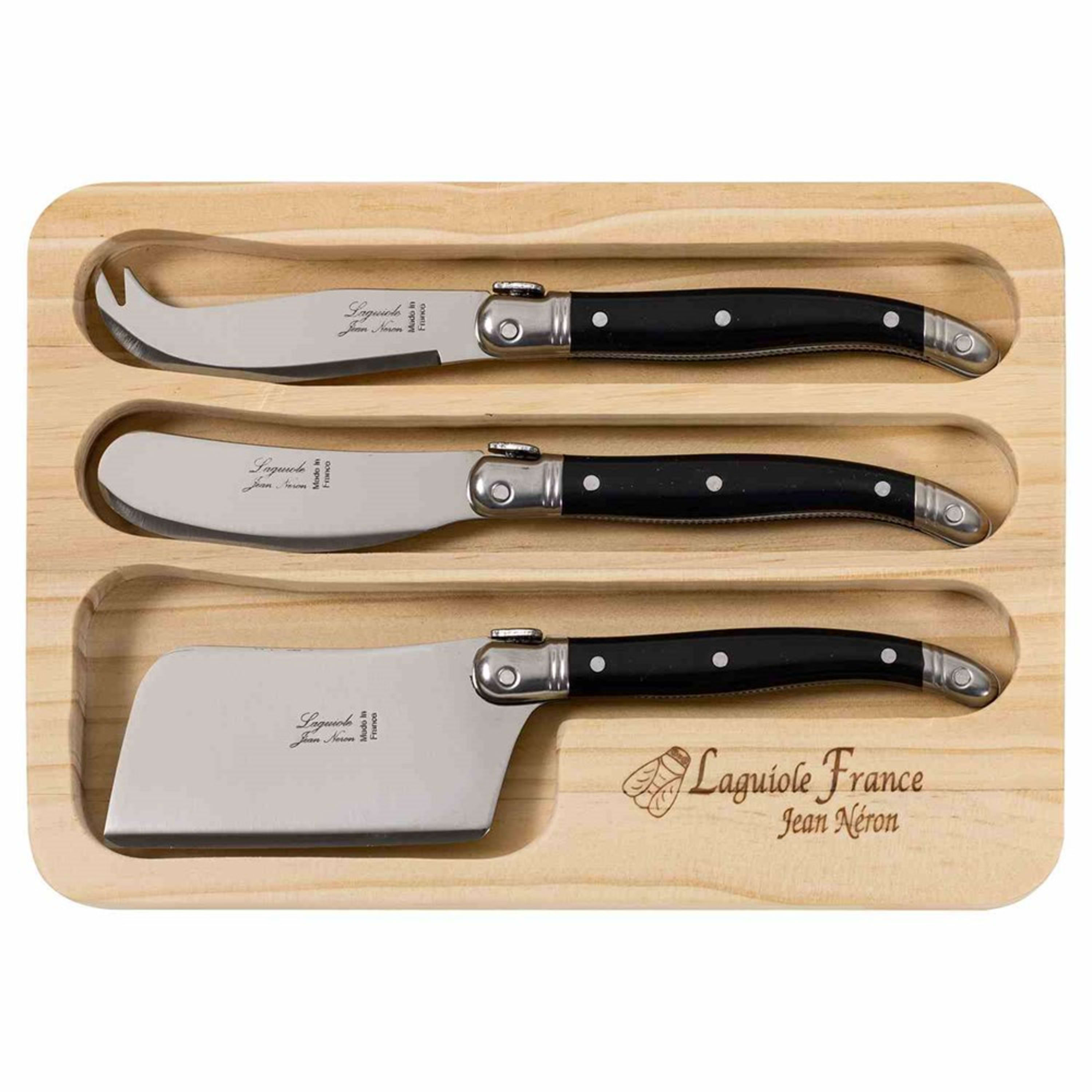 Laguiole Jean Néron 3 Piece Mini Cheese Set (Pate & Cheese & Cleaver) - Black