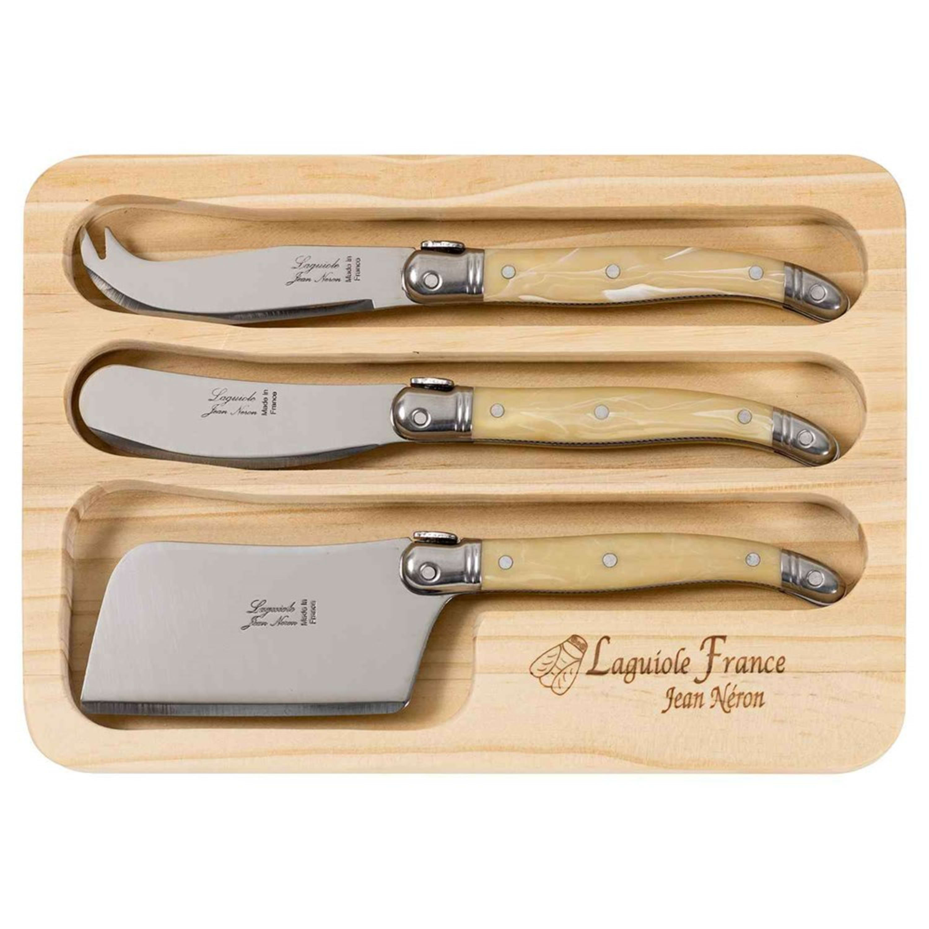 Laguiole Jean Néron 3 Piece Mini Cheese Set (Pate & Cheese & Cleaver) - Light Horn