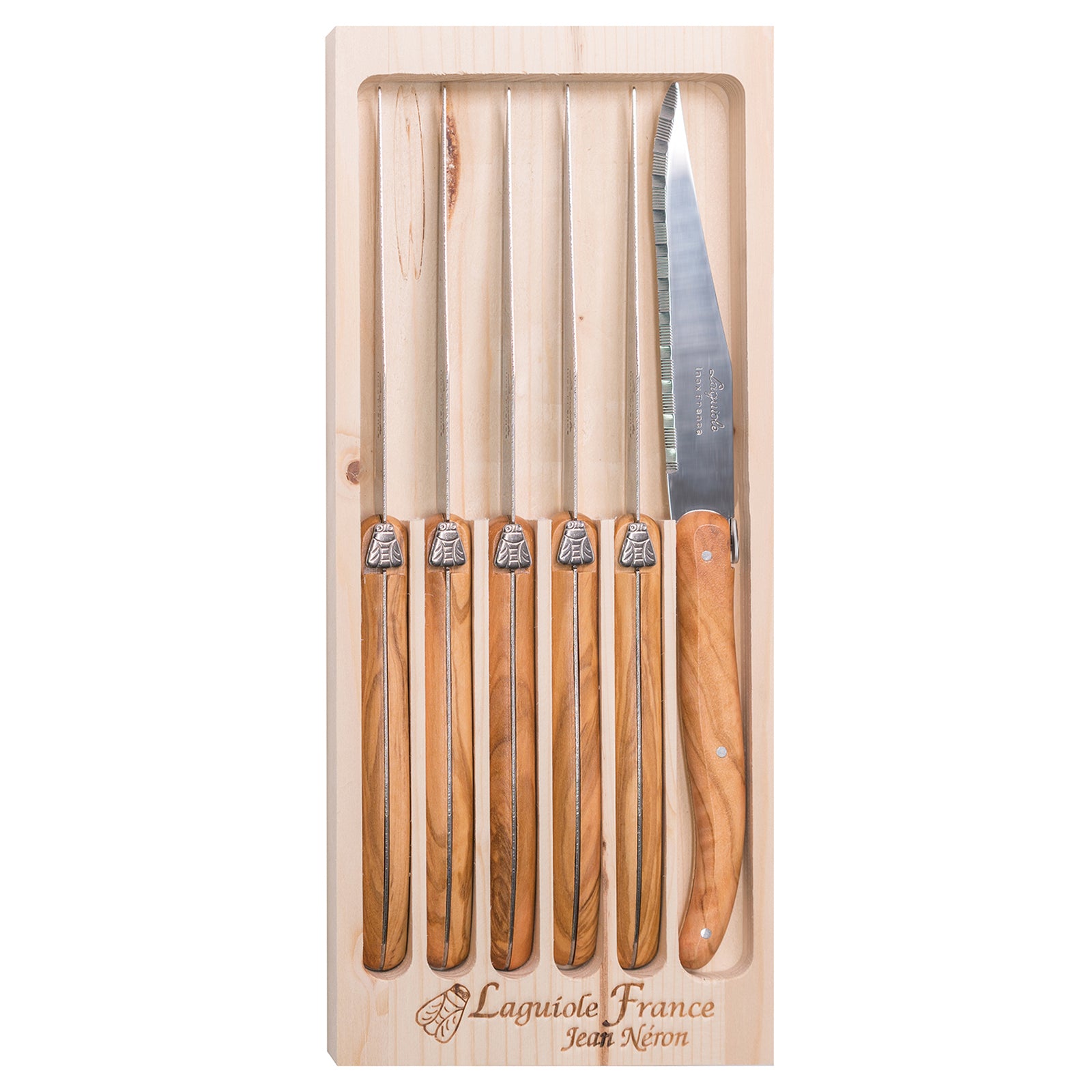 Laguiole Jean Neron Olive Wood Steak Knife Set - Gift Box