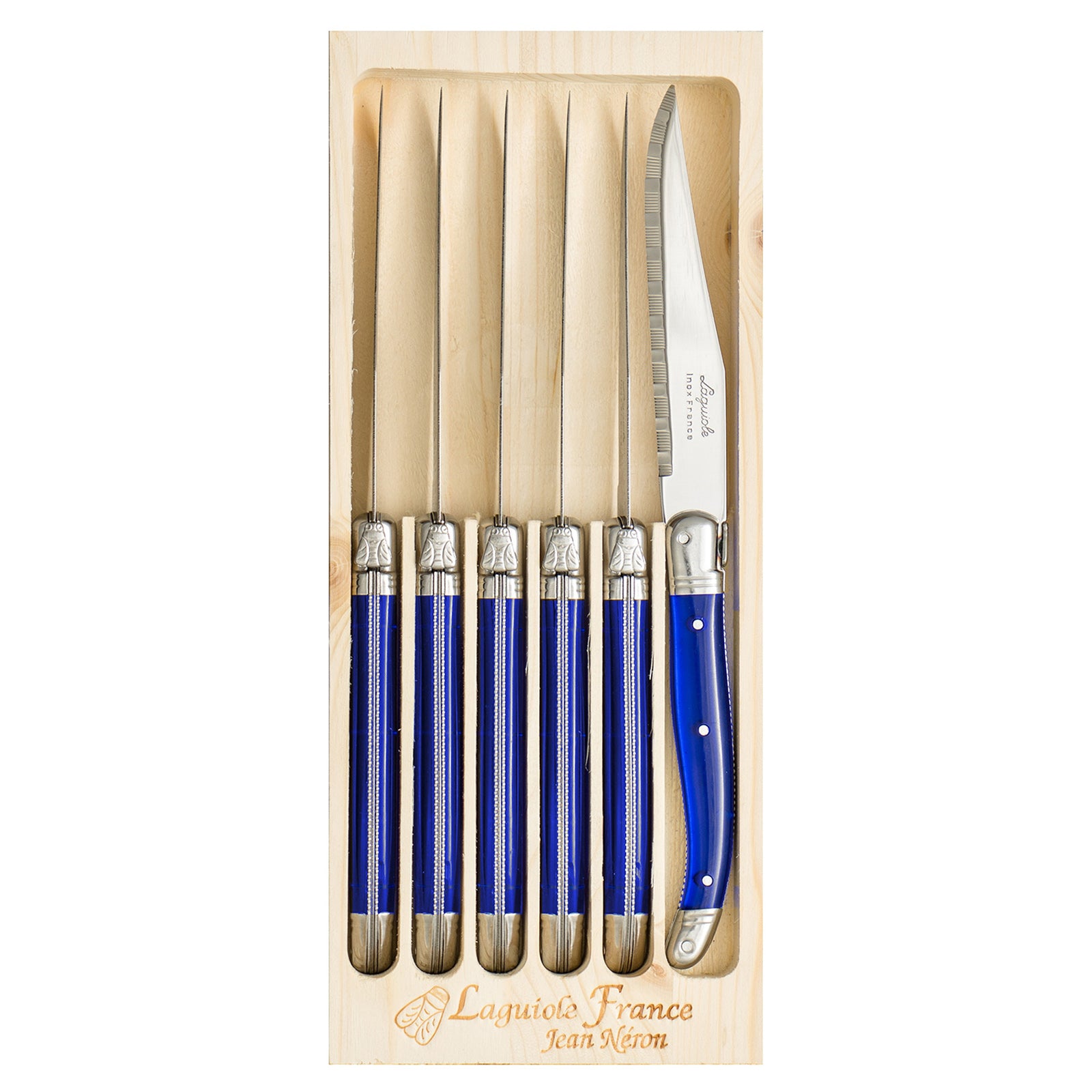 Laguiole Jean Neron French Blue Steak Knife Set - Gift Box