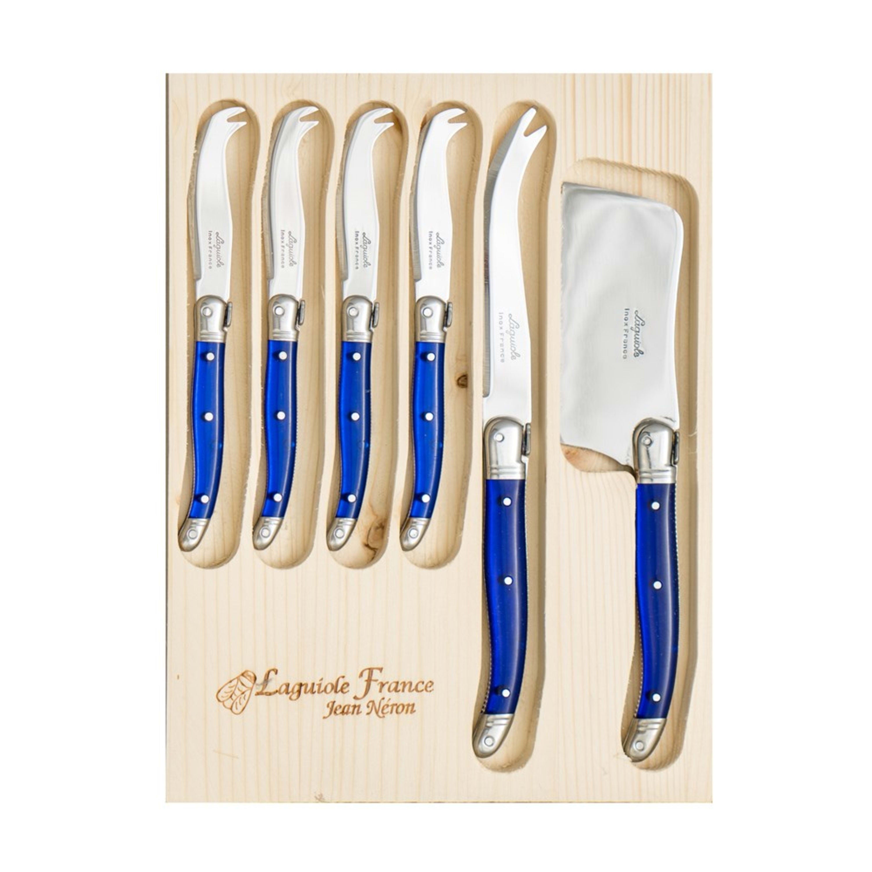 Laguiole Jean Néron 6 Piece Cheese Set (Cleaver & Cheese & 4 Mini Cheese Knives) - French Blue