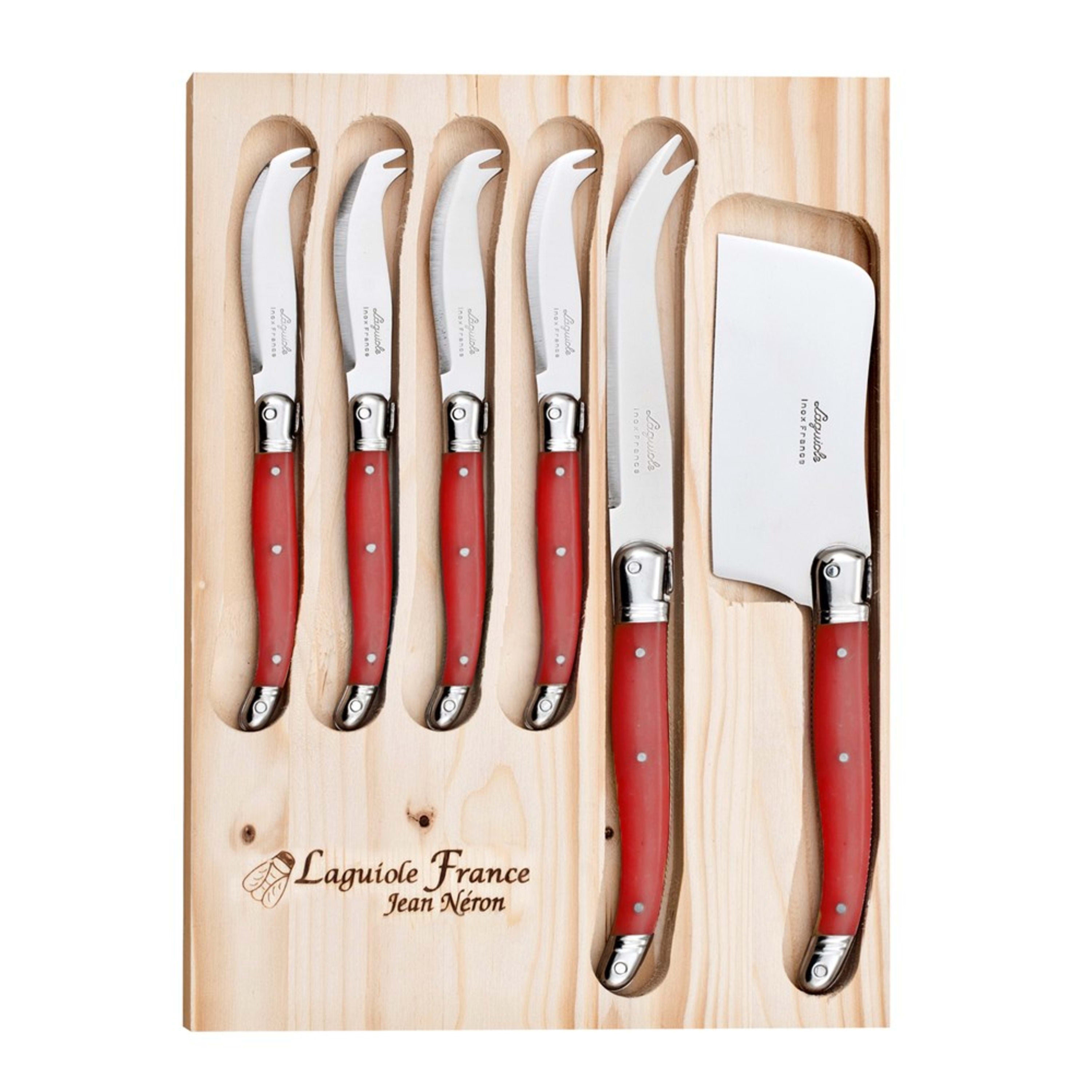 Laguiole Jean Néron 6 Piece Cheese Set (Cleaver & Cheese & 4 Mini Cheese Knives) - Red
