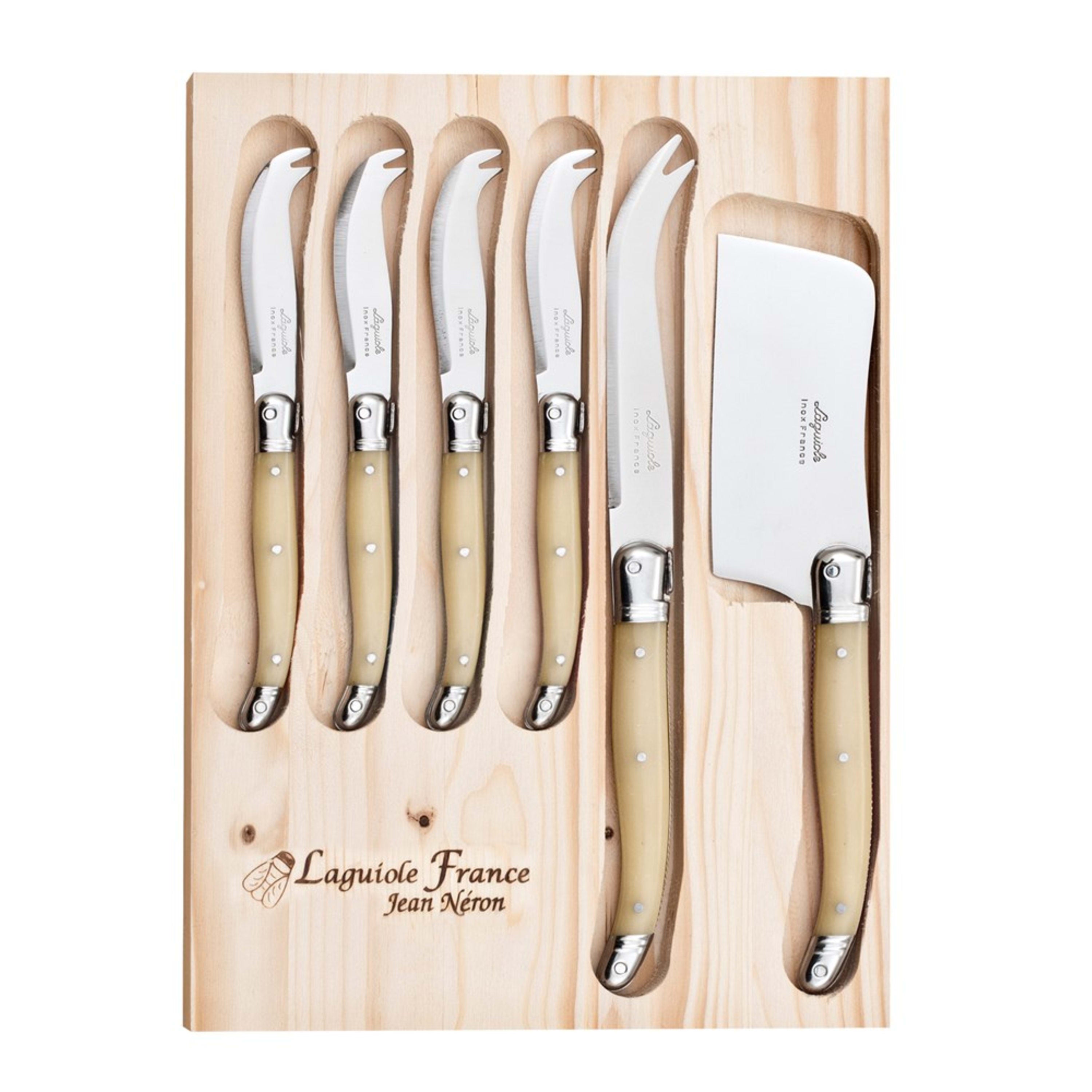 Laguiole Jean Néron 6 Piece Cheese Set (Cleaver & Cheese & 4 Mini Cheese Knives) - Light Horn