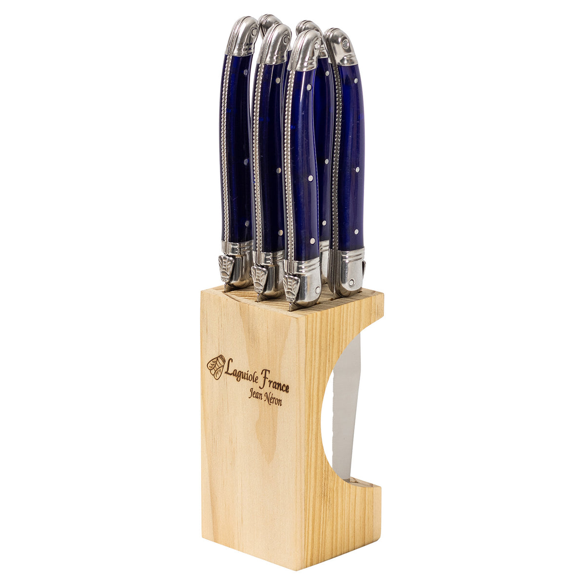 Laguiole Jean Néron 6 Piece Steak Knife in Slim Wooden Block - French Blue