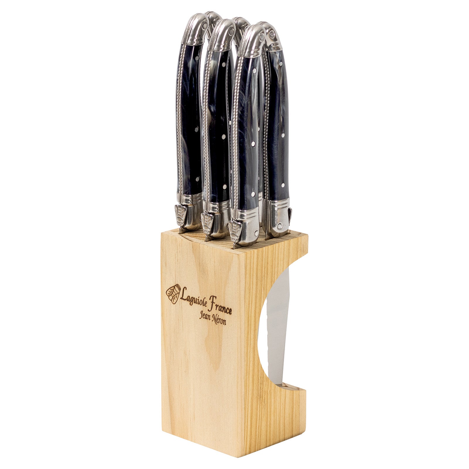 Laguiole Jean Neron Black Horn Steak Knife Set - Knife Block