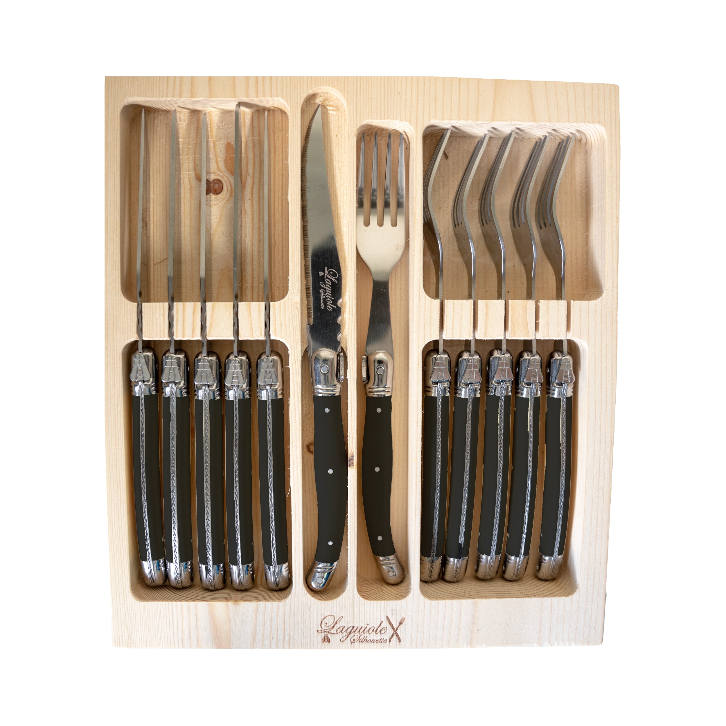 Laguiole Silhouette 12 Piece Steak Knife & Fork Set Flatpack - Black