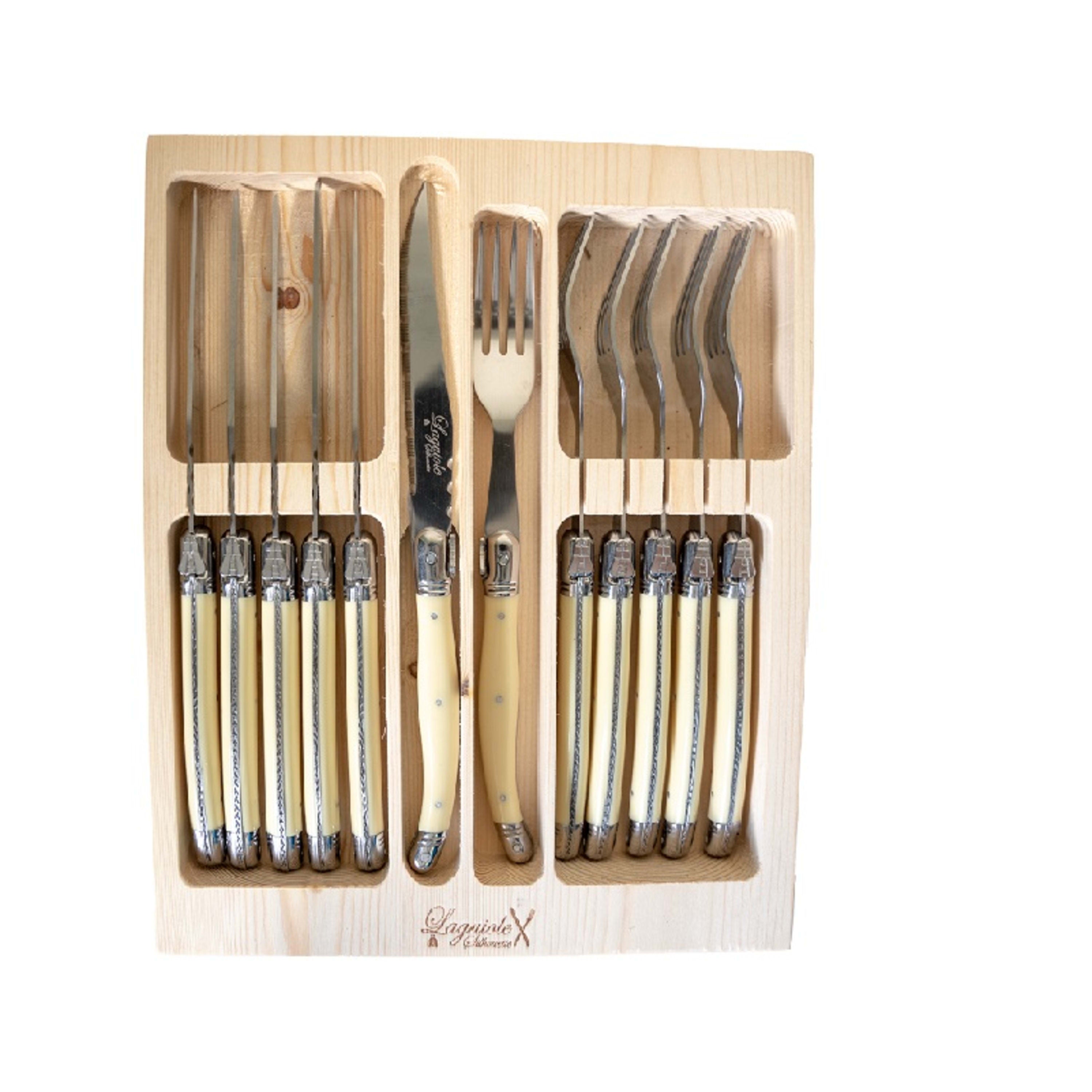 Laguiole Silhouette 12 Piece Steak Knife & Fork Set Flatpack - Ivory
