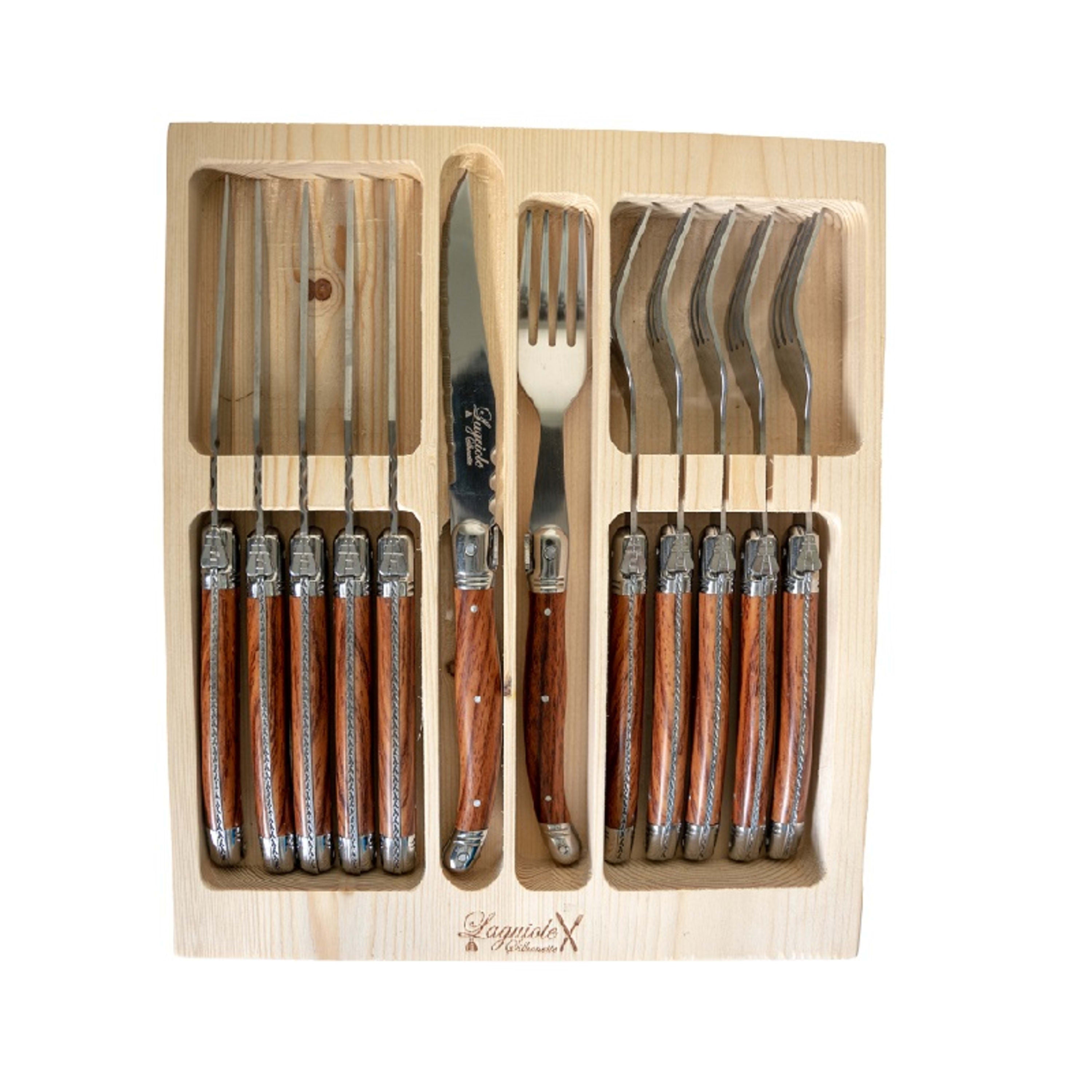 Laguiole Silhouette 12 Piece Steak Knife & Fork Set Flatpack - Wooden