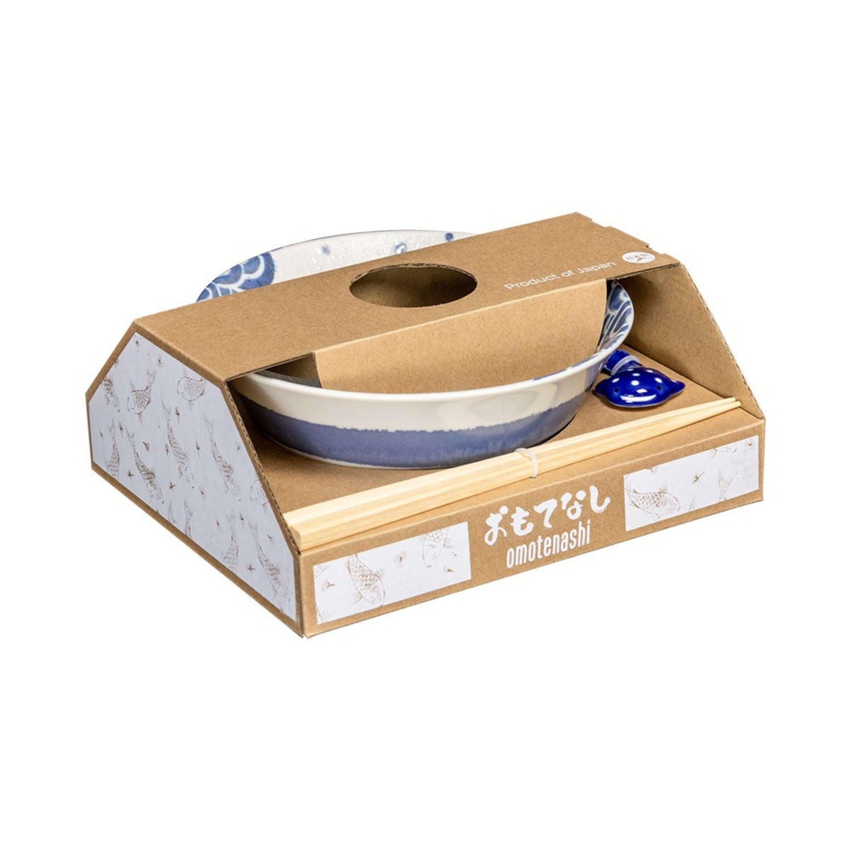Omotenashi Nami Jinbei Bowl with Chopsticks & Jinbei Rest 19x7.6cm Gift Set