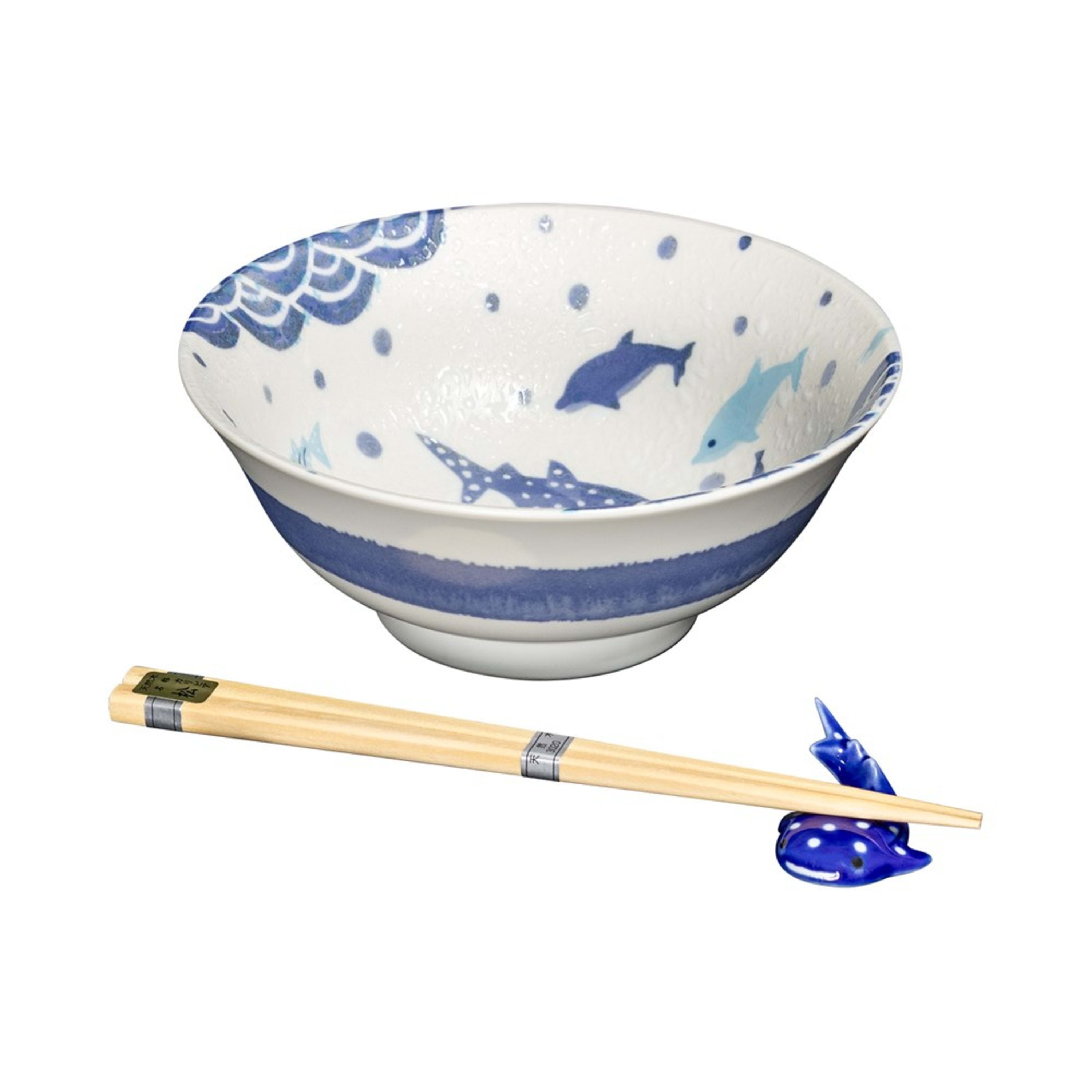 Omotenashi Nami Jinbei Bowl with Chopsticks & Jinbei Rest 19x7.6cm Gift Set