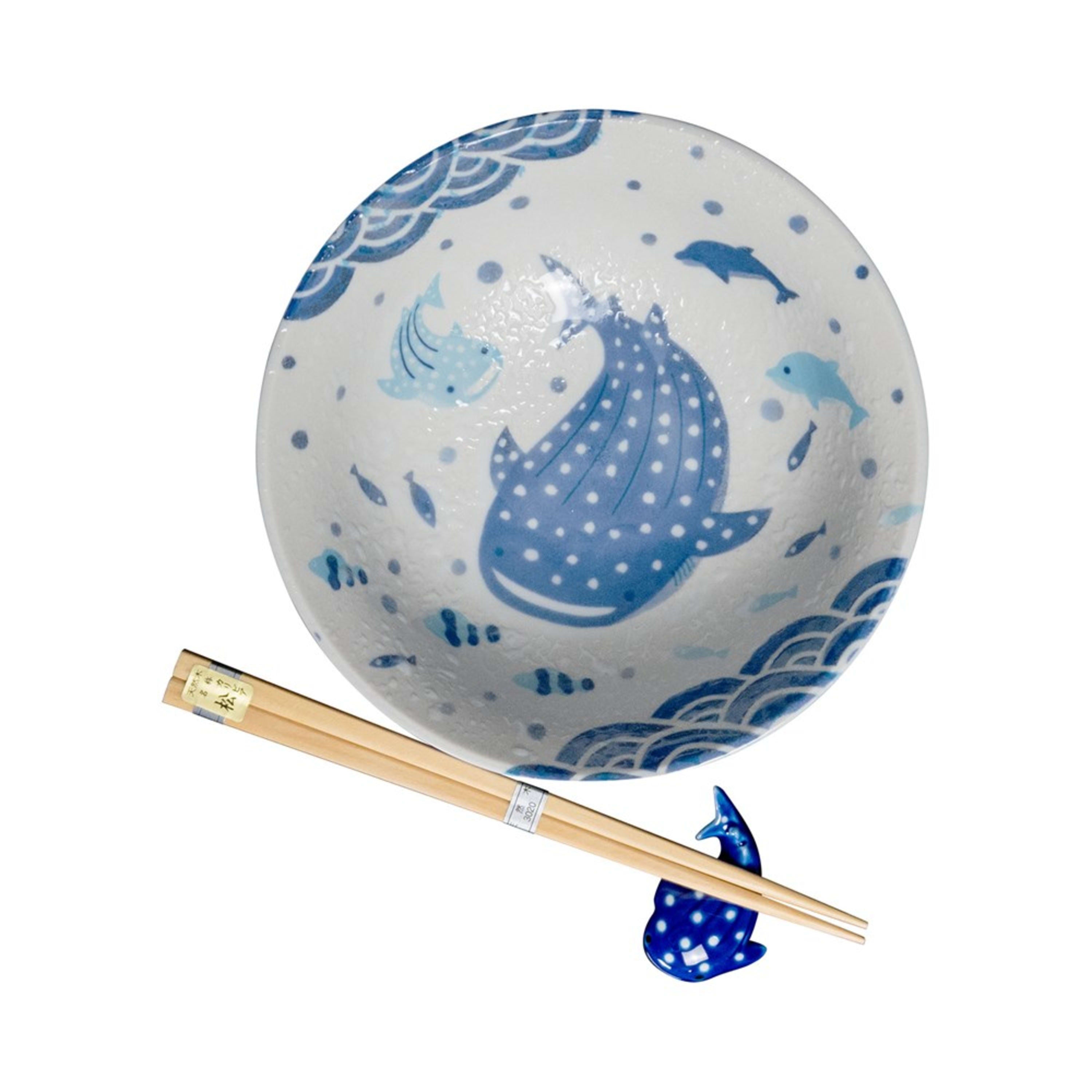 Omotenashi Nami Jinbei Bowl with Chopsticks & Jinbei Rest 19x7.6cm Gift Set
