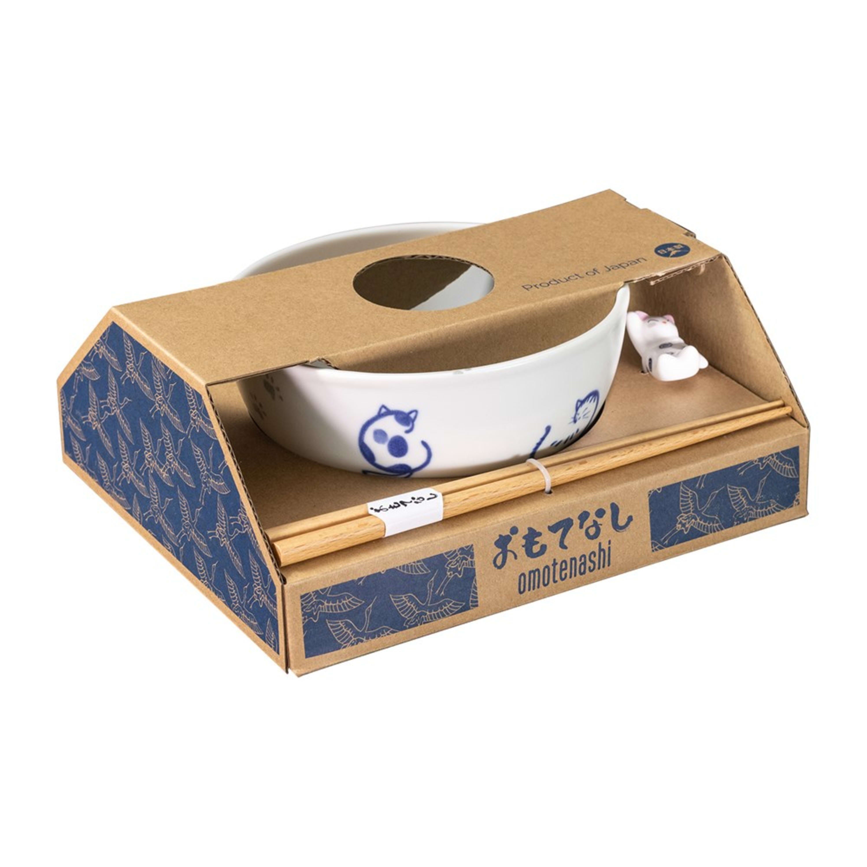 Omotenashi Marobineko Bowl with Chopsticks & Cat Rest 16x8.5cm Gift Set