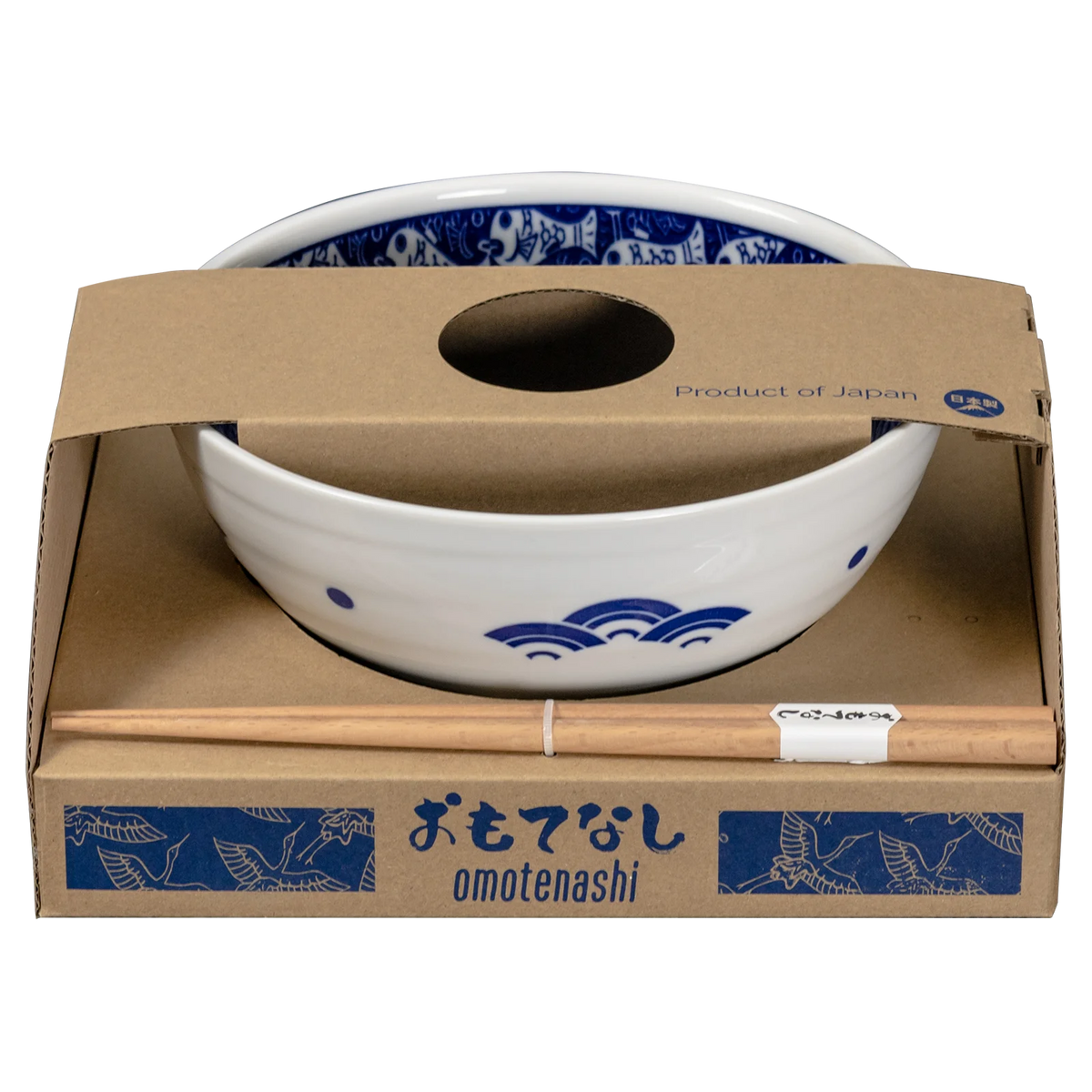 Omotenashi Medetai Blue Ramen Bowl with Chopsticks 18.5x9cm Gift Set
