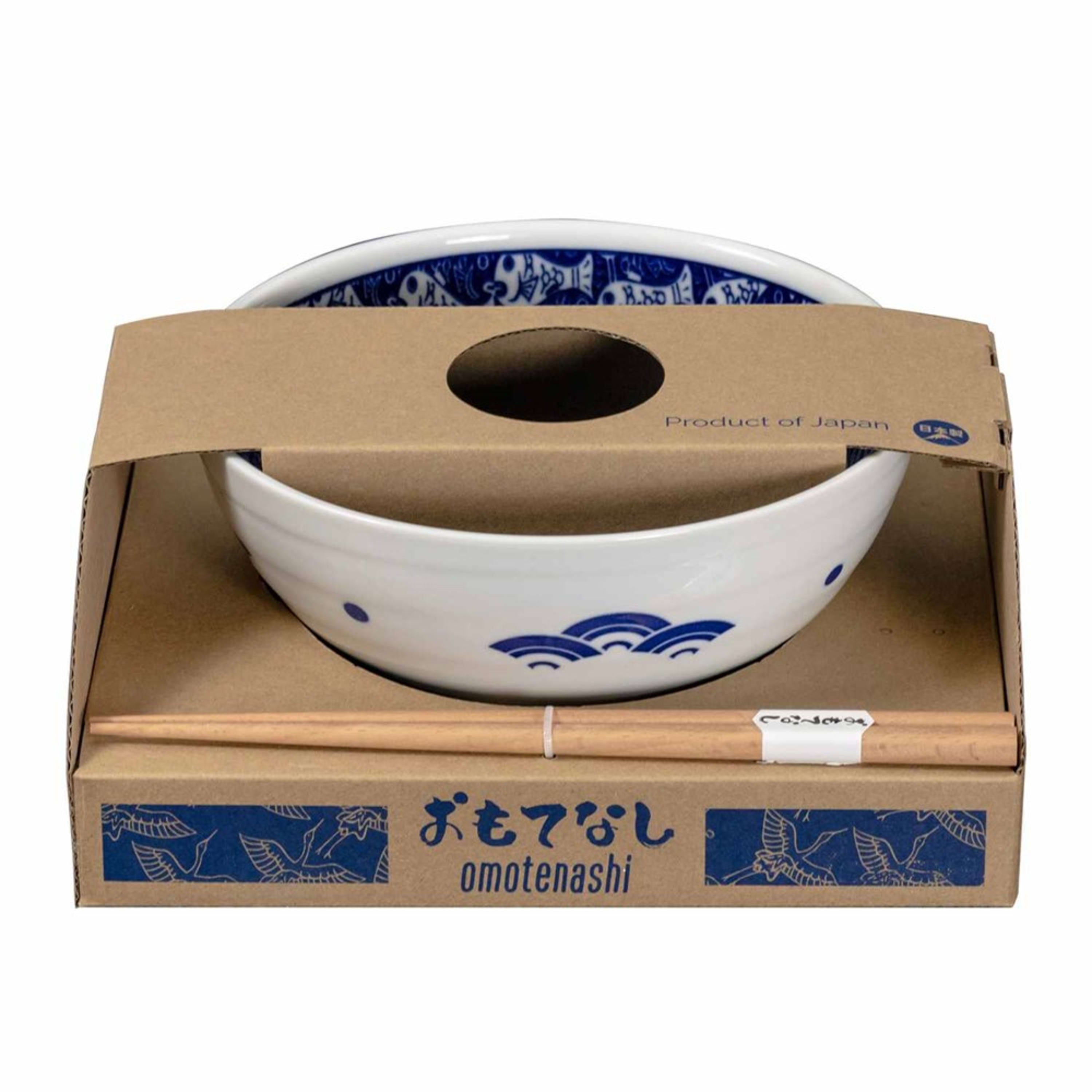 Omotenashi Medetai Blue Ramen Bowl with Chopsticks 18.5x9cm Gift Set