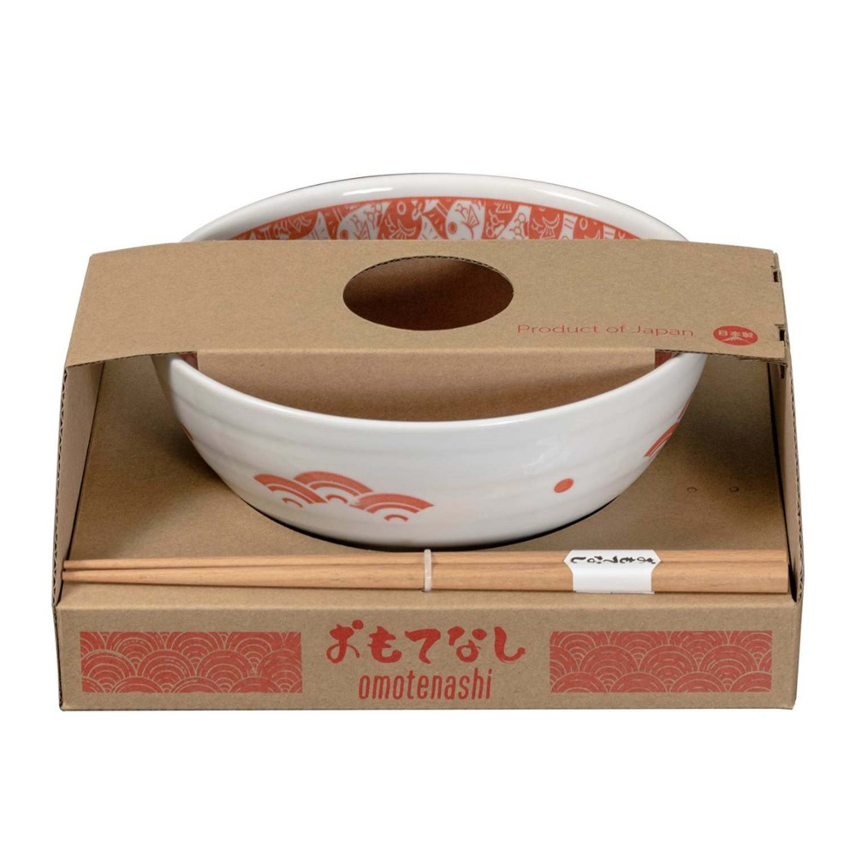 Omotenashi Medetai Red Ramen Bowl with Chopsticks 18.5x9cm Gift Set