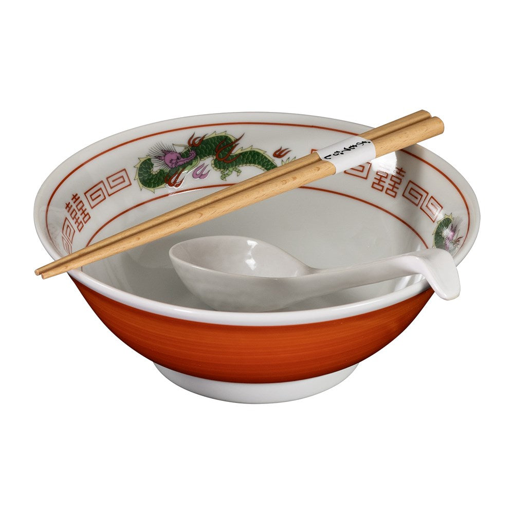 Omotenashi Chuka Dragon Green Ramen Bowl with Chopsticks & Spoon 19.5x7.5cm Gift Set