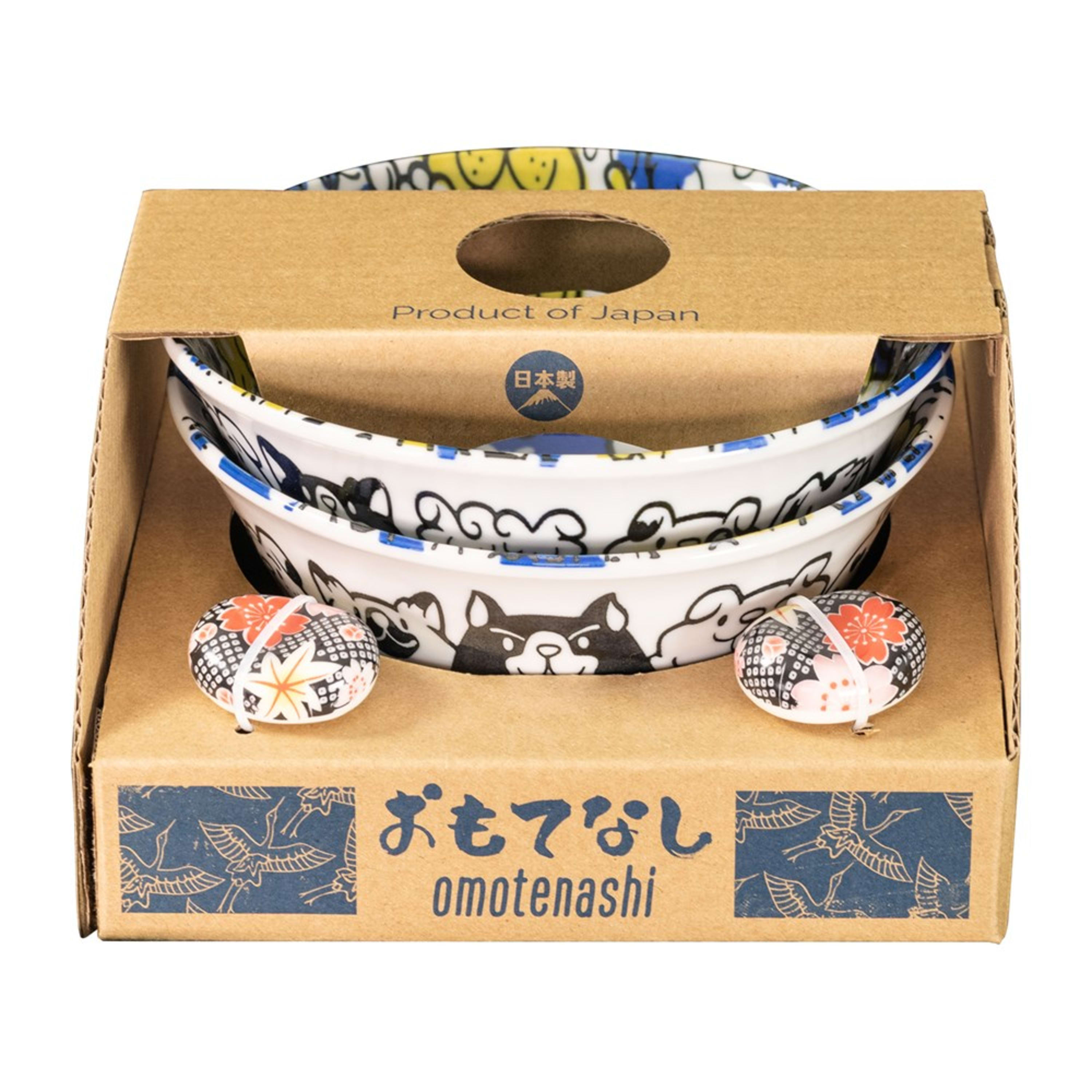 Omotenashi Puppy Party Blue 4 Piece Bowl & Chopstick Rest Set 15x7cm