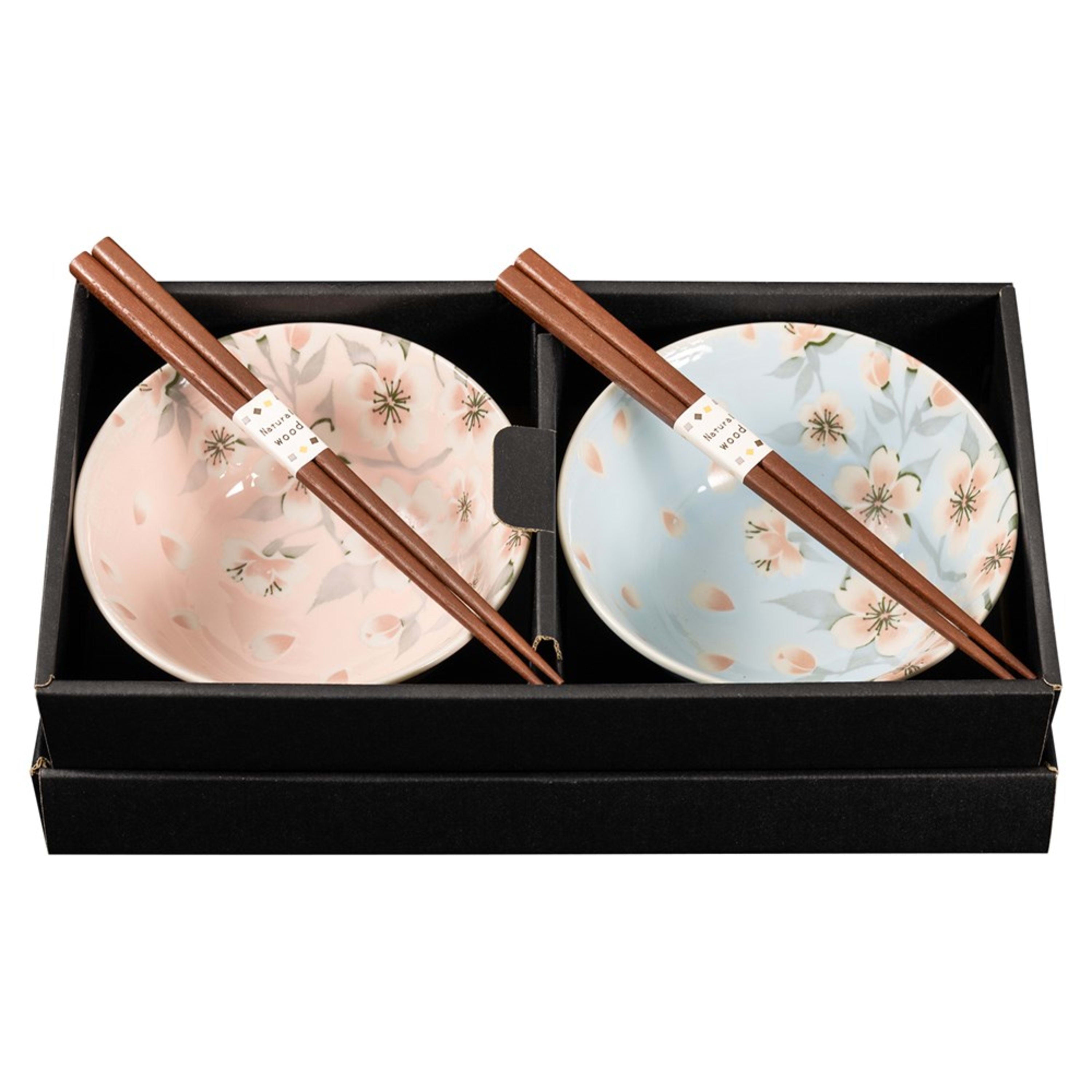 Omotenashi Edazakura - Pink & Blue 4 Piece Bowl & Chopstick Set 15x7cm