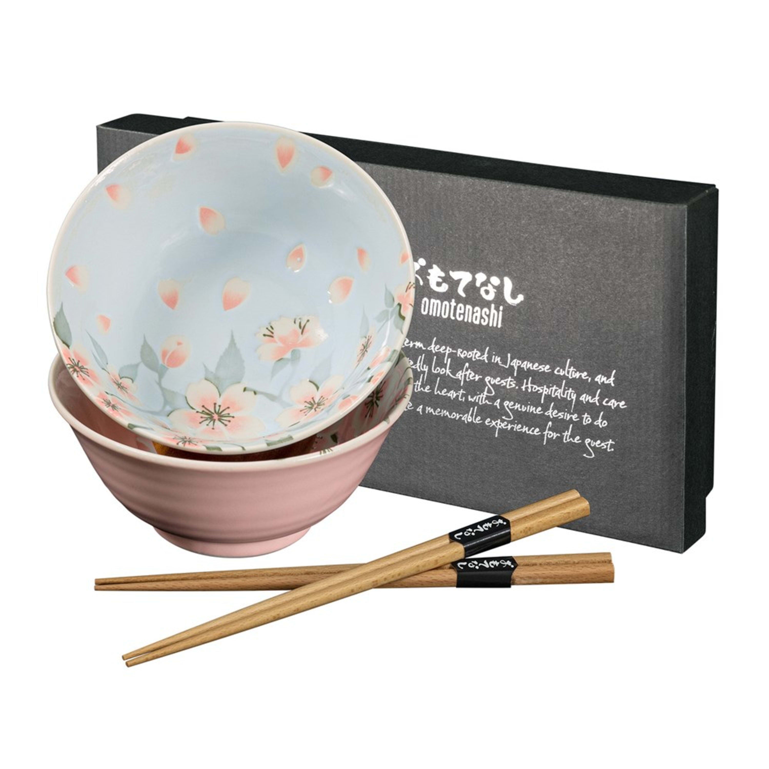 Omotenashi Edazakura - Pink & Blue 4 Piece Bowl & Chopstick Set 15x7cm