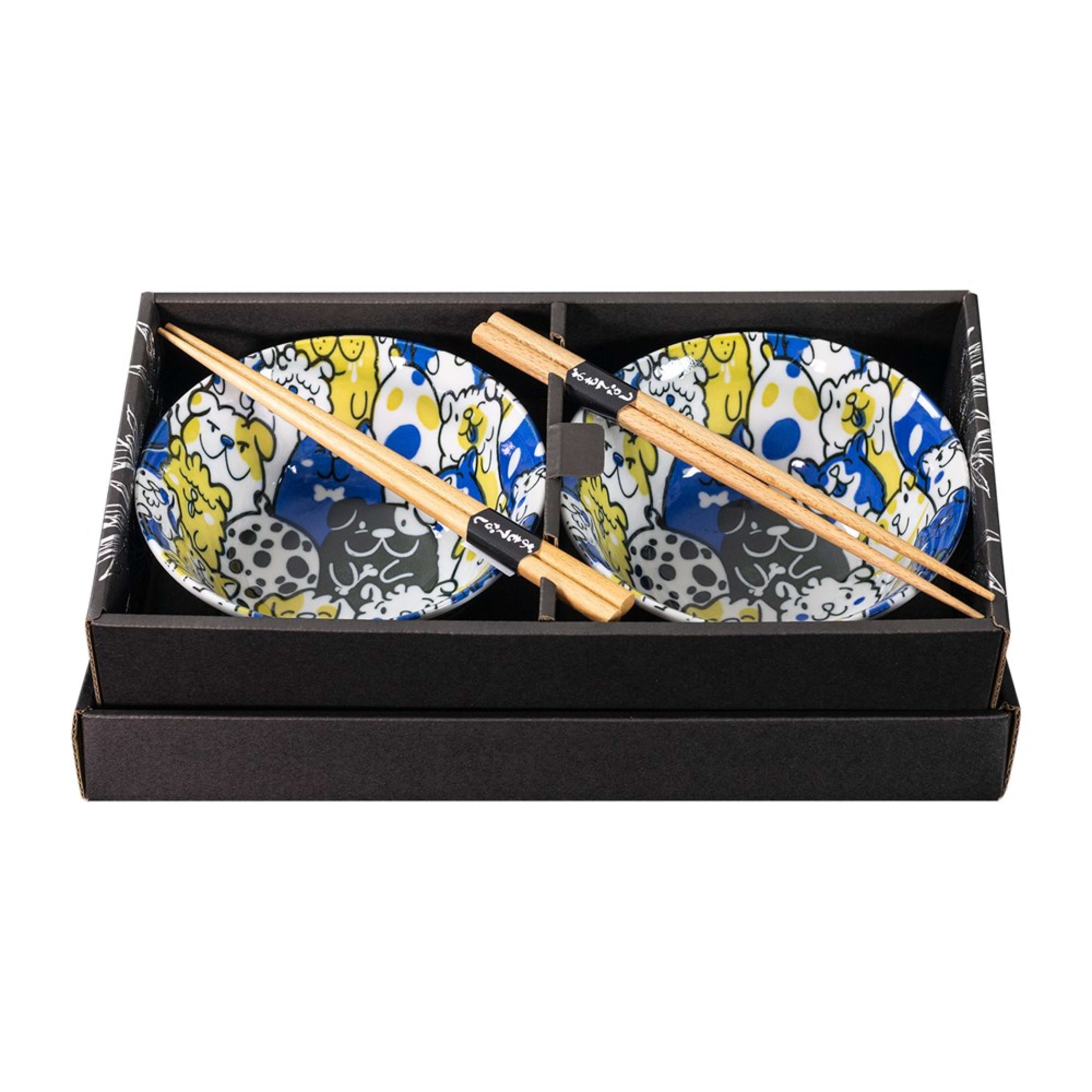 Omotenashi Puppy Party Blue 4 Piece Bowl & Chopstick Set 15x7cm