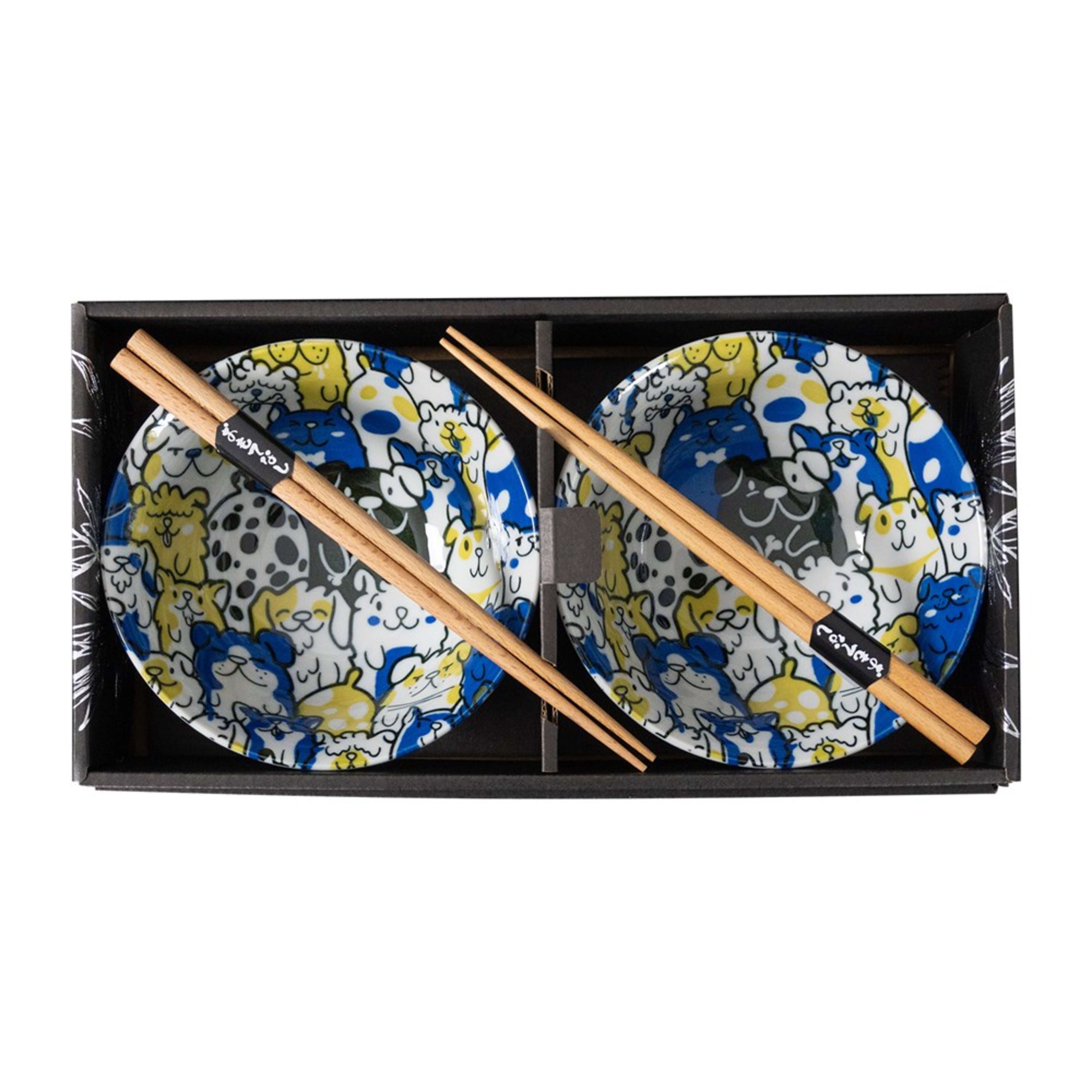 Omotenashi Puppy Party Blue 4 Piece Bowl & Chopstick Set 15x7cm