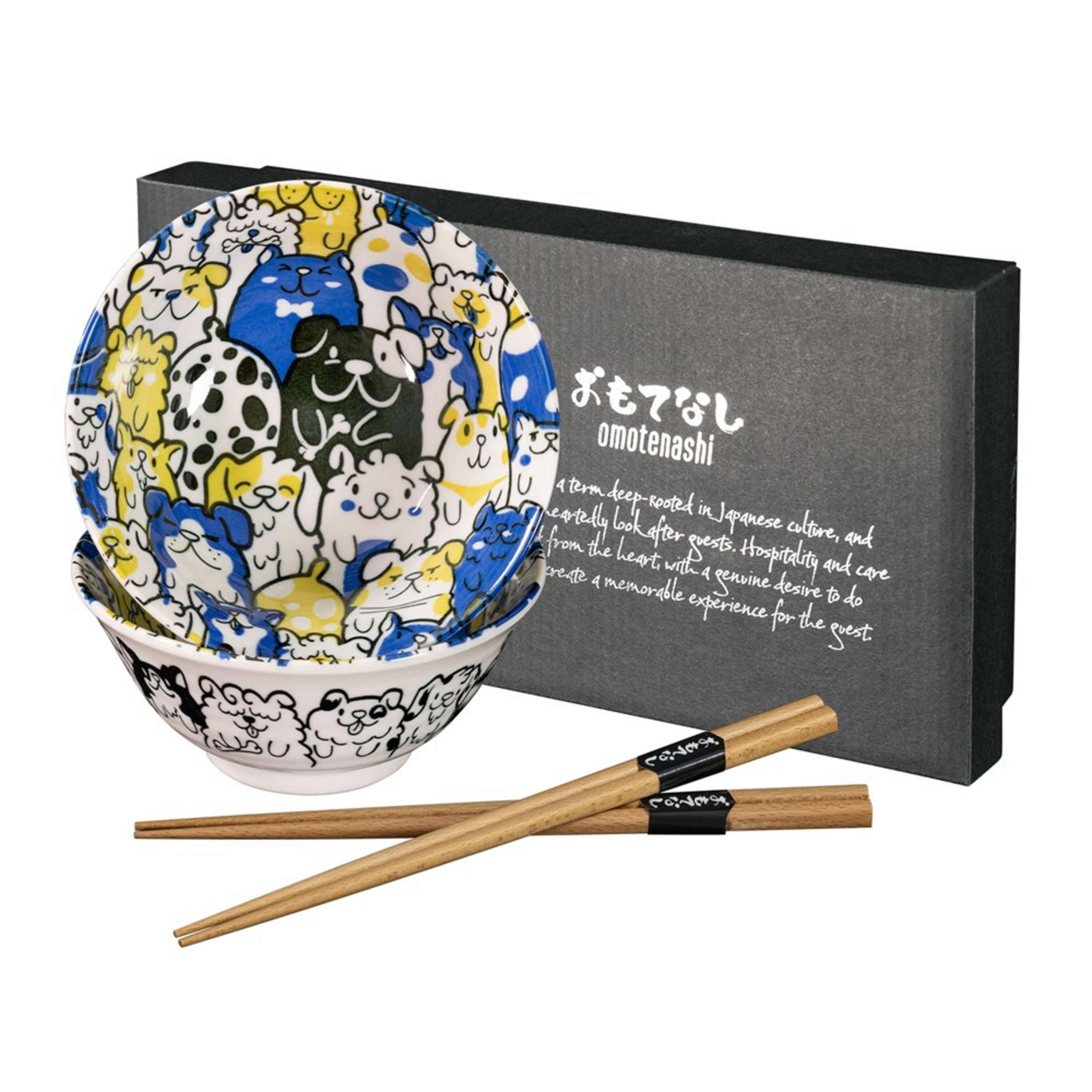 Omotenashi Puppy Party Blue 4 Piece Bowl & Chopstick Set 15x7cm