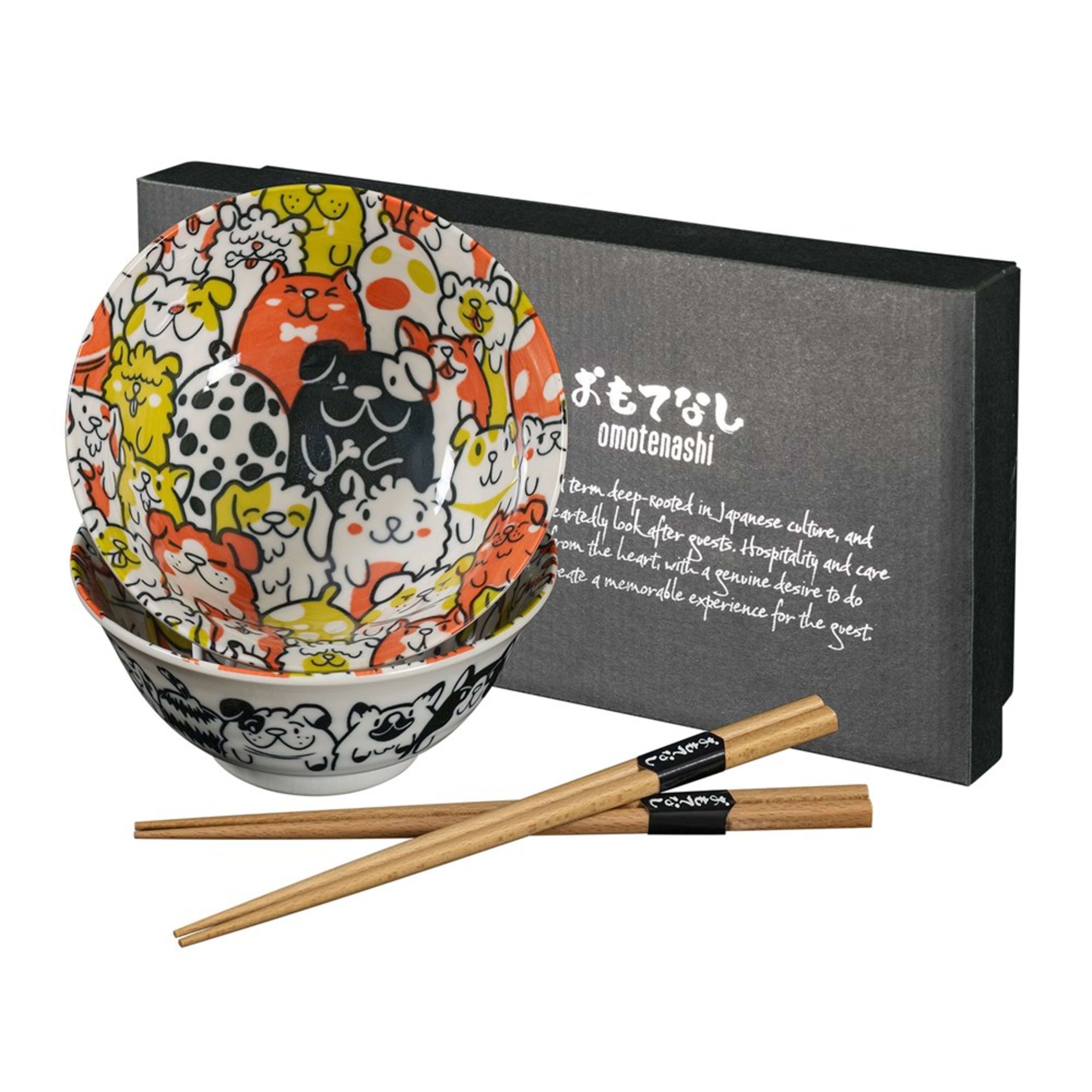 Omotenashi Puppy Party Red 4 Piece Bowl & Chopstick Set 15x7cm