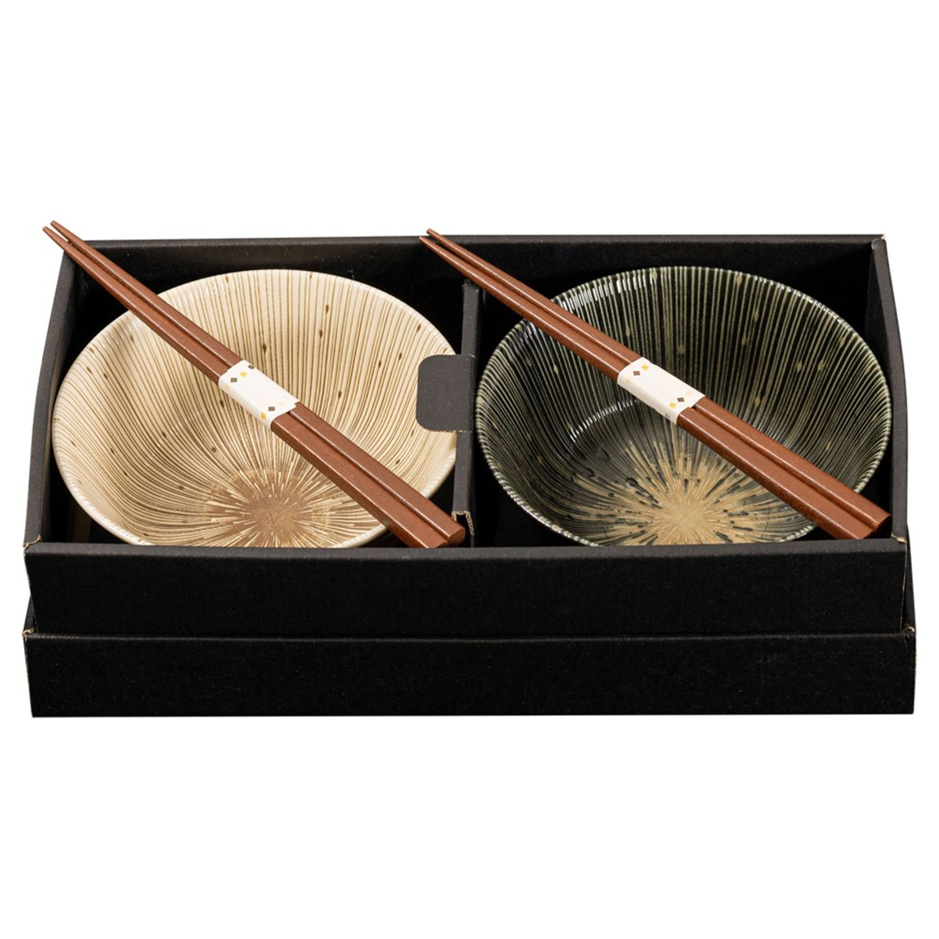 Omotenashi Kyo Sendan Earthen & Black 4 Piece Bowl & Chopstick Set 15x7cm