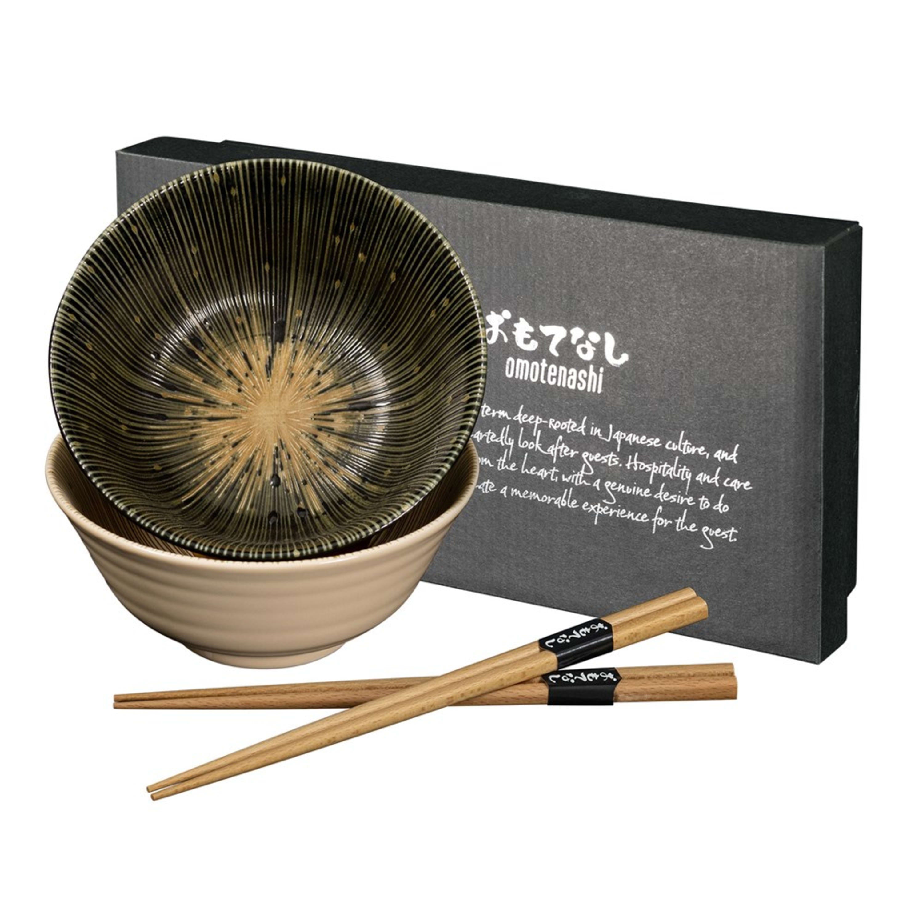 Omotenashi Kyo Sendan Earthen & Black 4 Piece Bowl & Chopstick Set 15x7cm