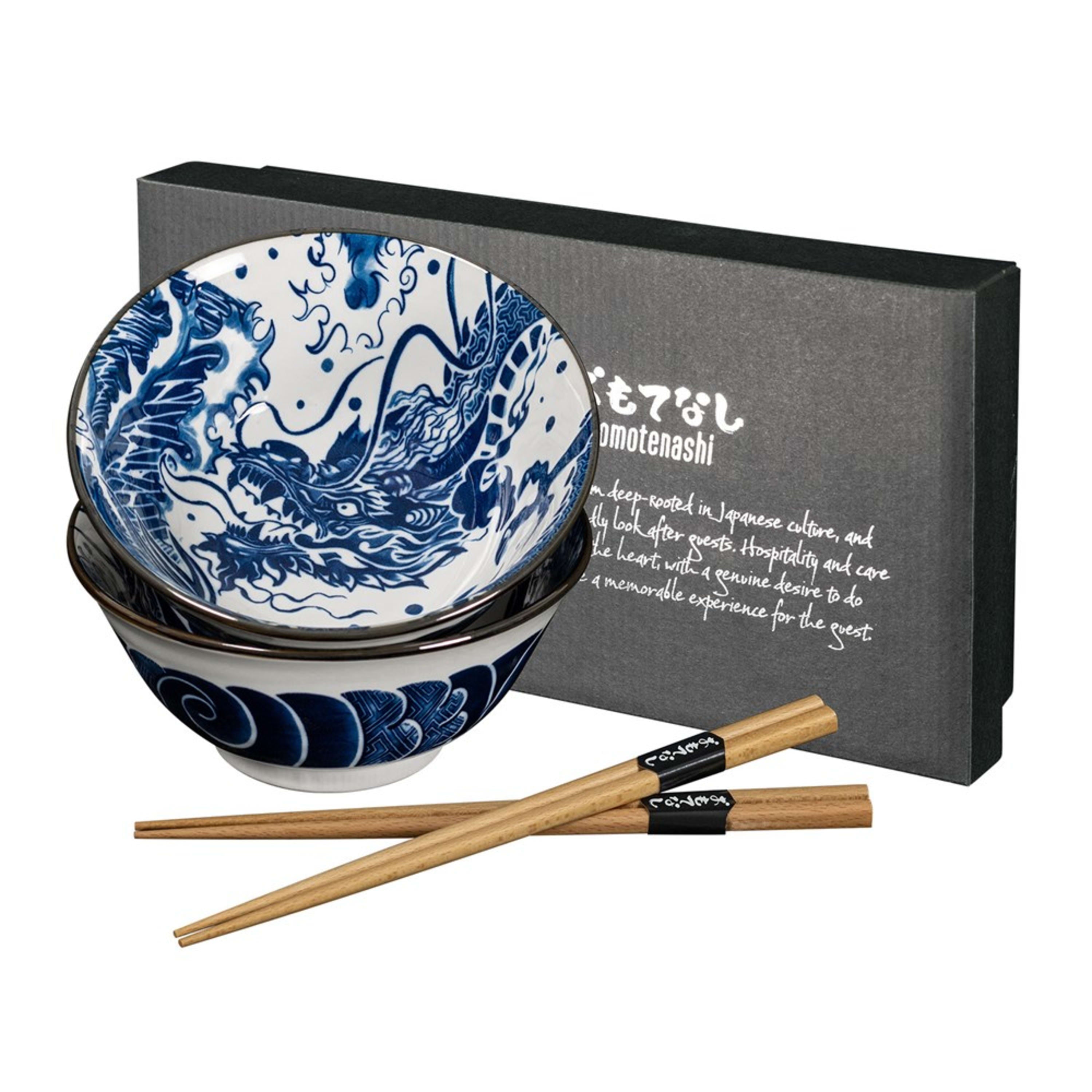Omotenashi Dragon - Blue 4 Piece Bowl & Chopstick Set 15x7cm