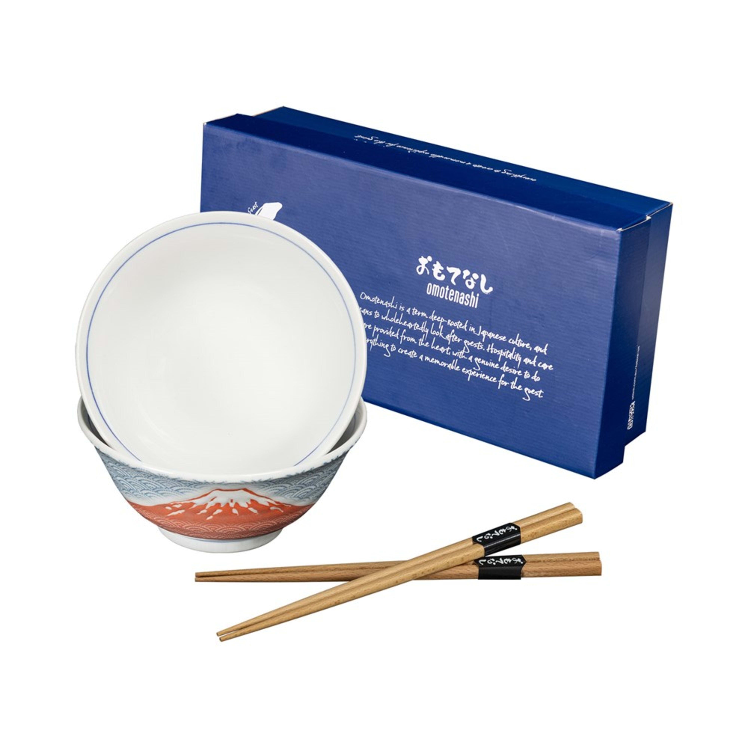 Omotenashi Fuji Seigaiha 4 Piece Bowl & Chopstick Set 15x7cm