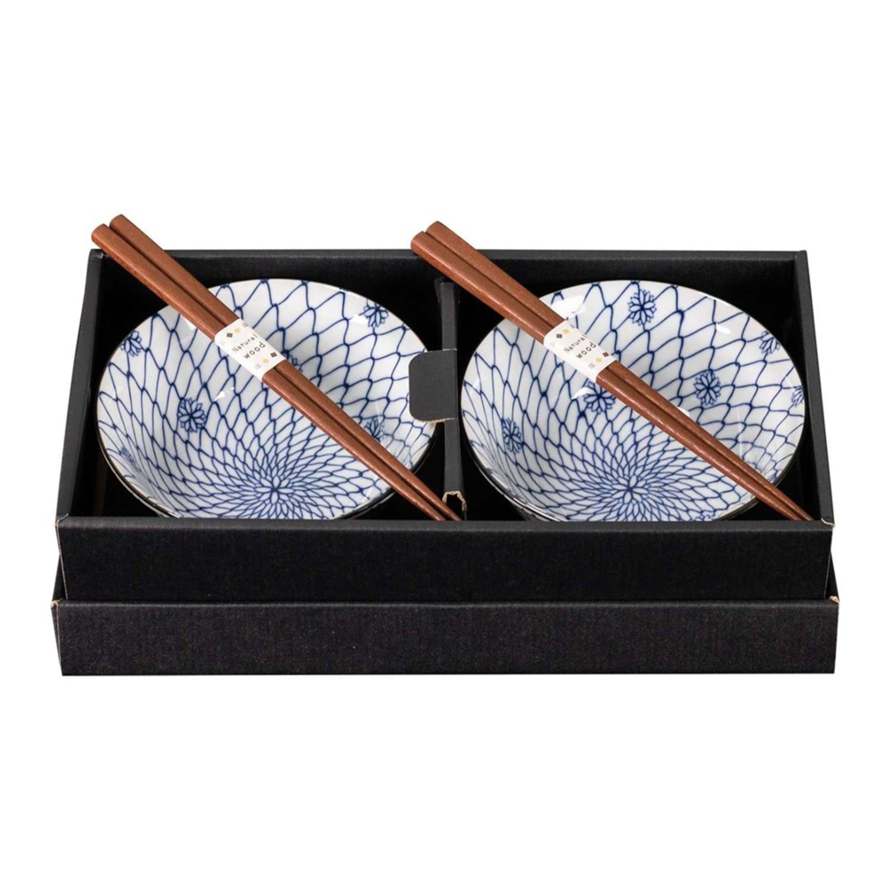 Omotenashi Hana Fishing Net 4 Piece Bowl & Chopstick Set 15x7cm