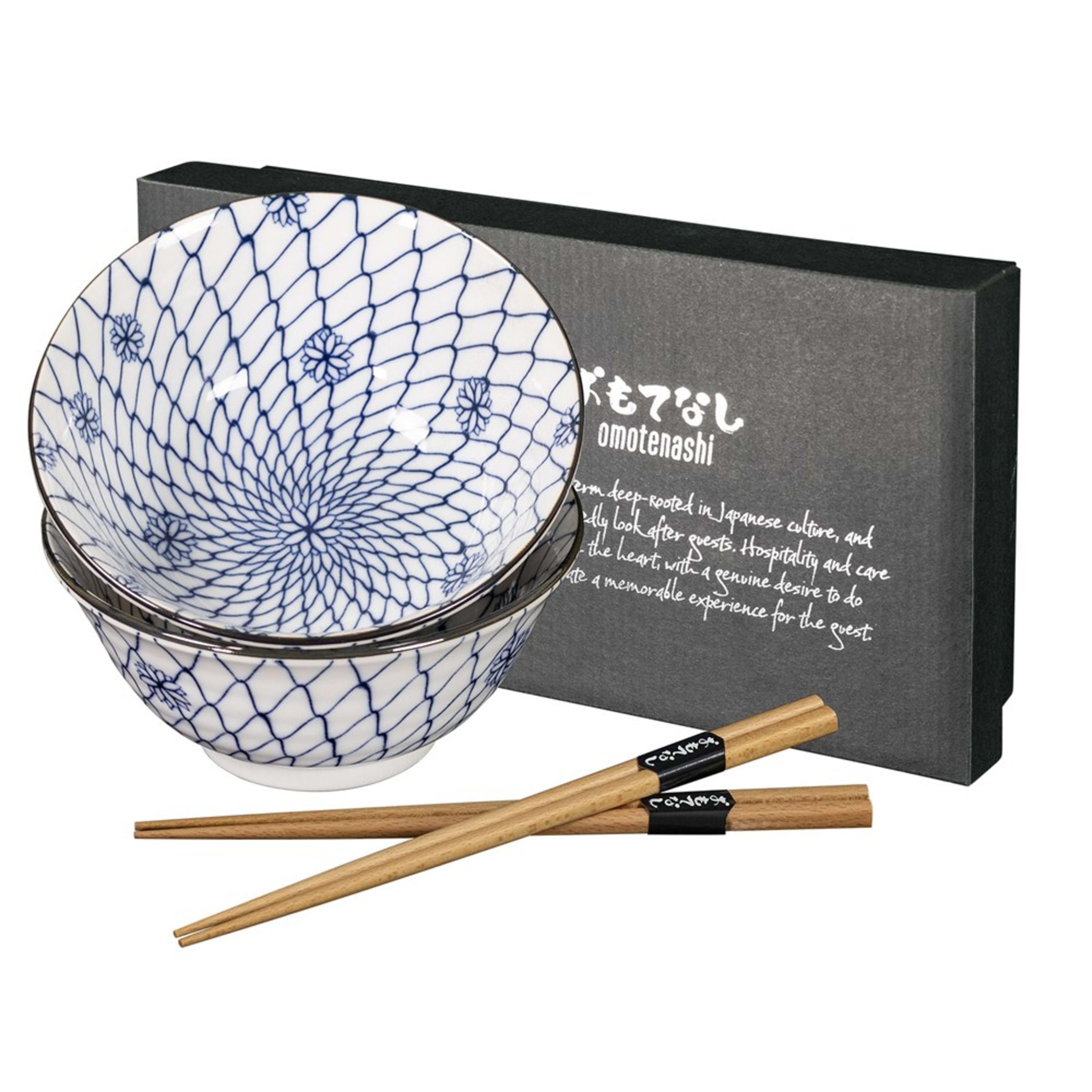 Omotenashi Hana Fishing Net 4 Piece Bowl & Chopstick Set 15x7cm