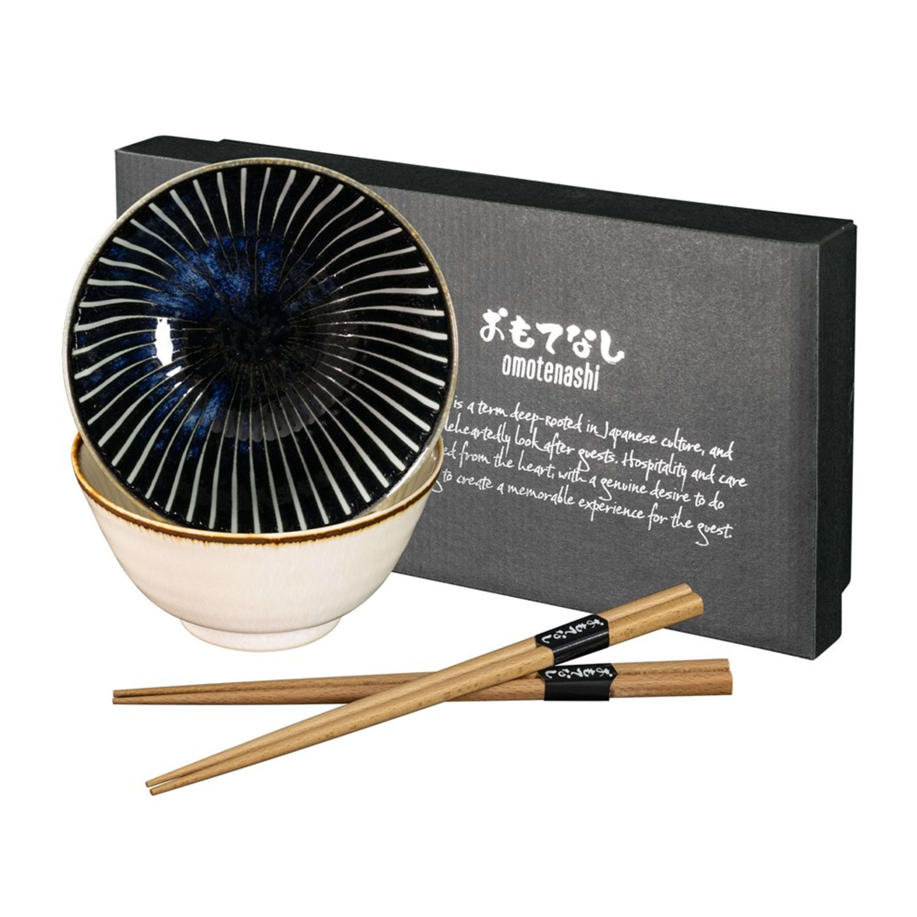 Omotenashi Hassui Tokusa Navy & White 4 Piece Bowl & Chopstick Set 15x7cm