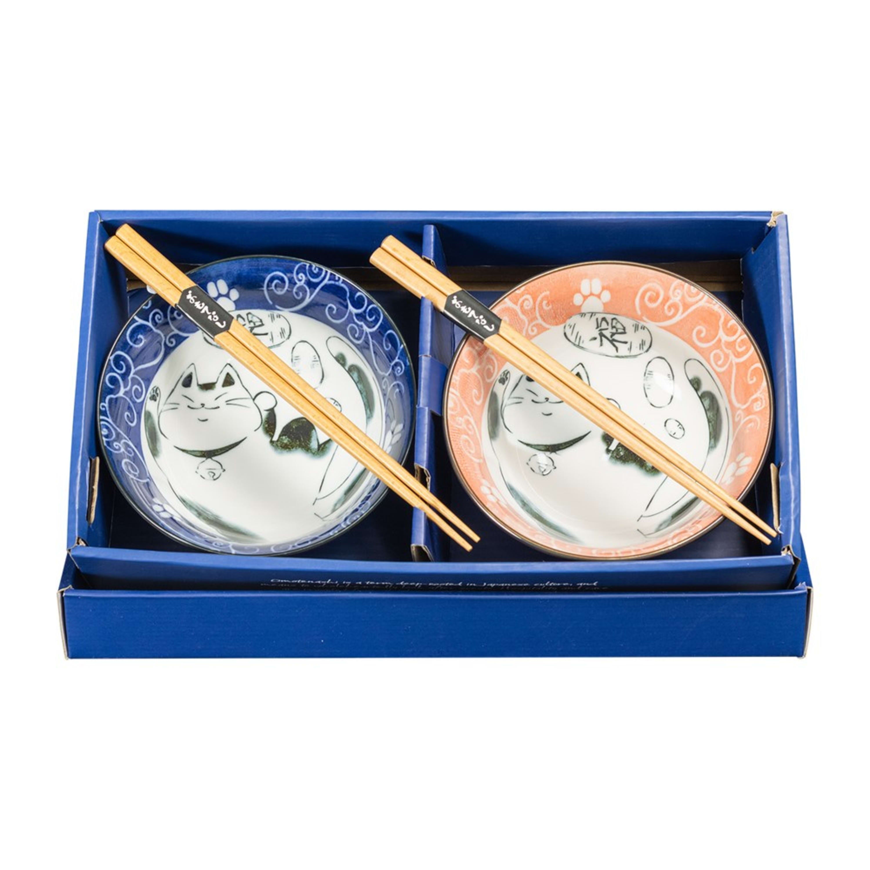 Omotenashi Koban Cat 4 Piece Bowl & Chopstick Set 15x7cm