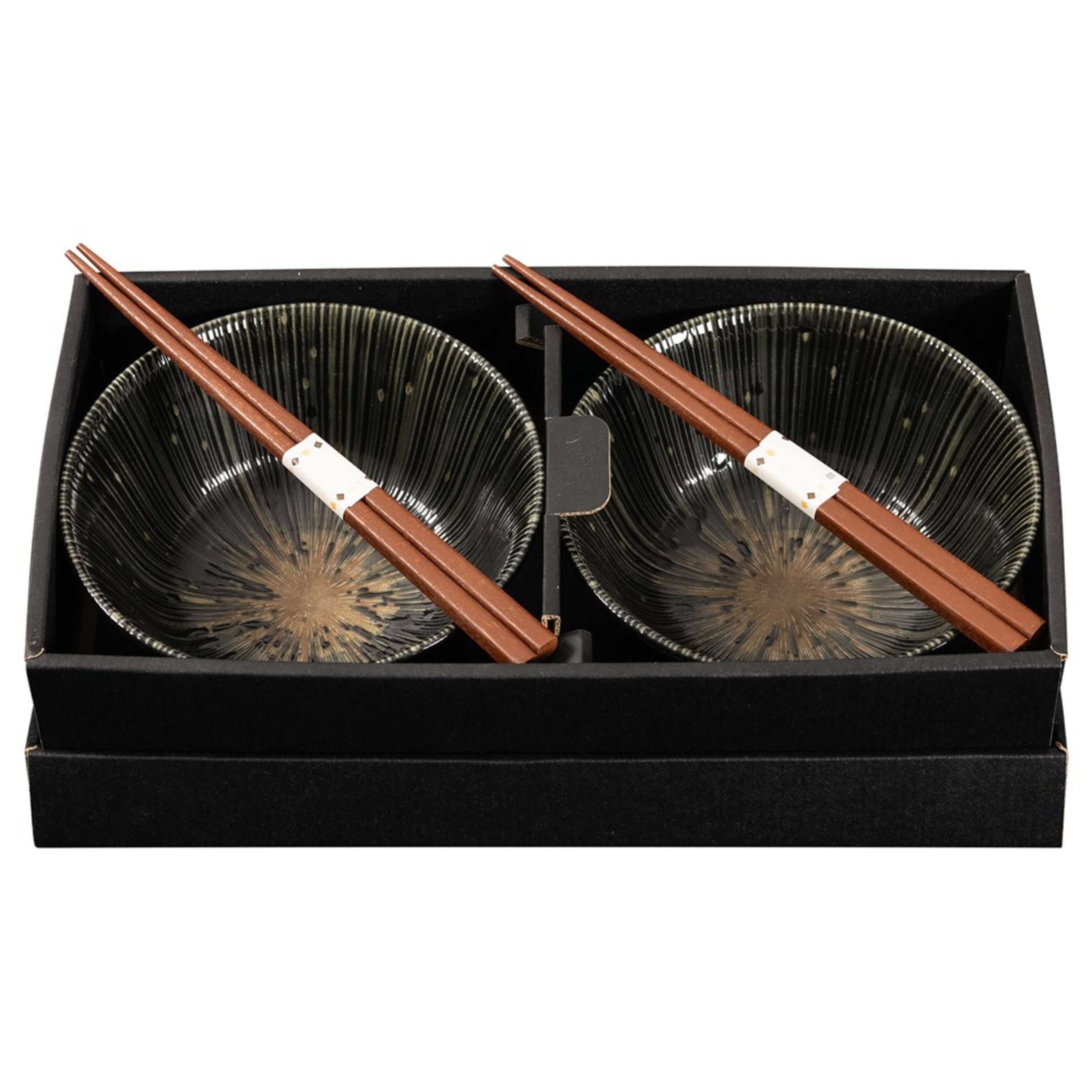 Omotenashi Kyo Sendan Black 4 Piece Bowl & Chopstick Set 15x7cm