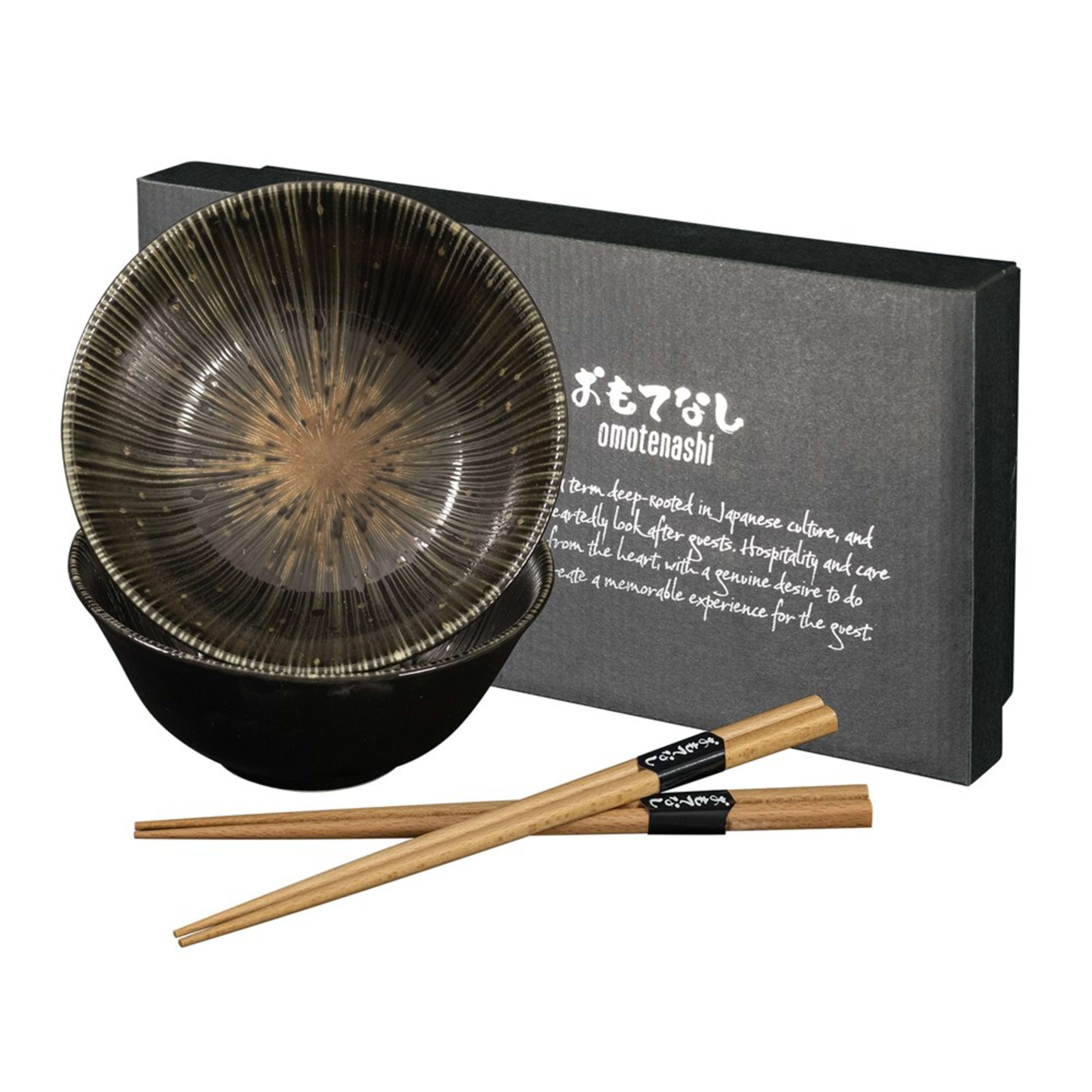 Omotenashi Kyo Sendan Black 4 Piece Bowl & Chopstick Set 15x7cm