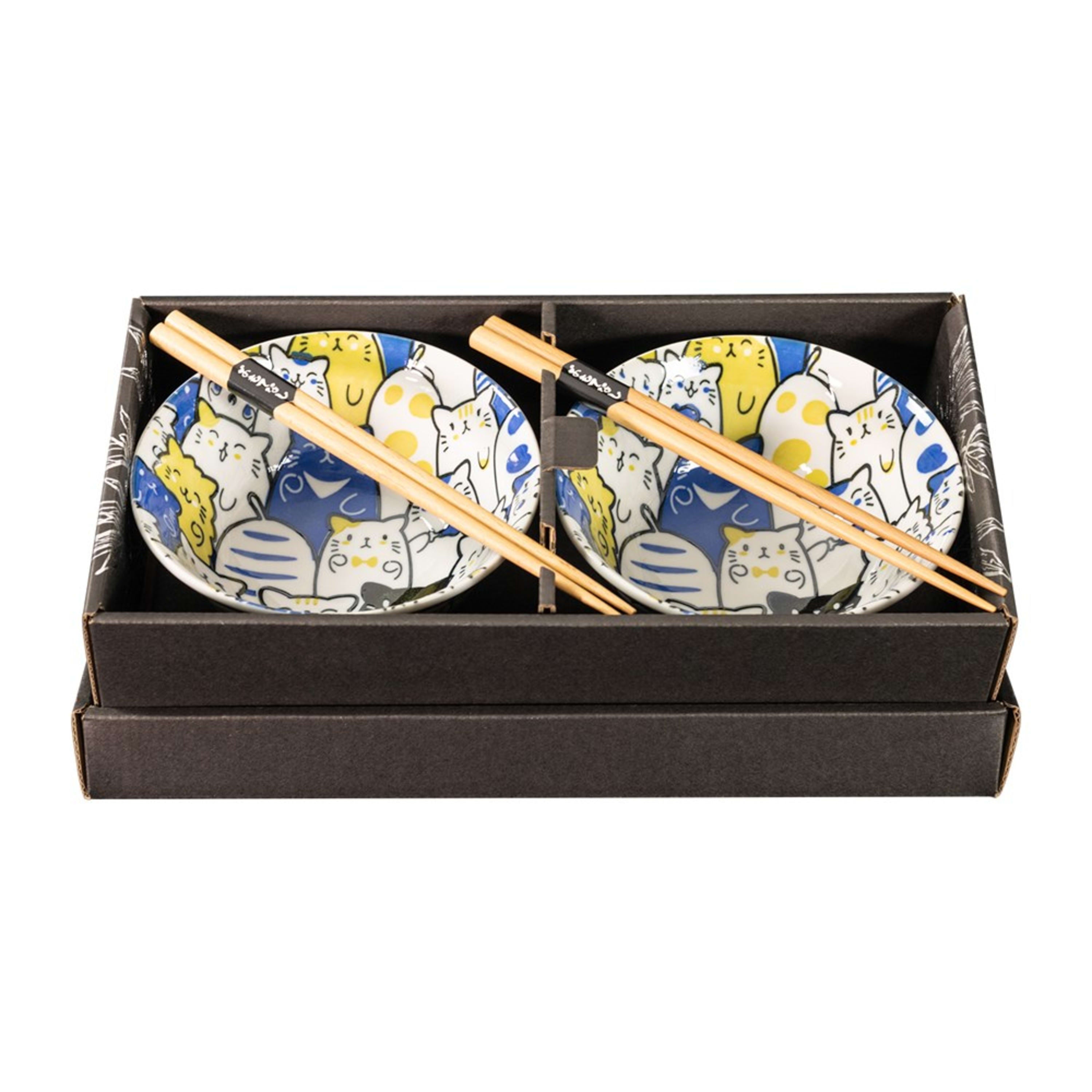 Omotenashi Purrfect Party Blue 4 Piece Bowl & Chopstick Set 15x7cm