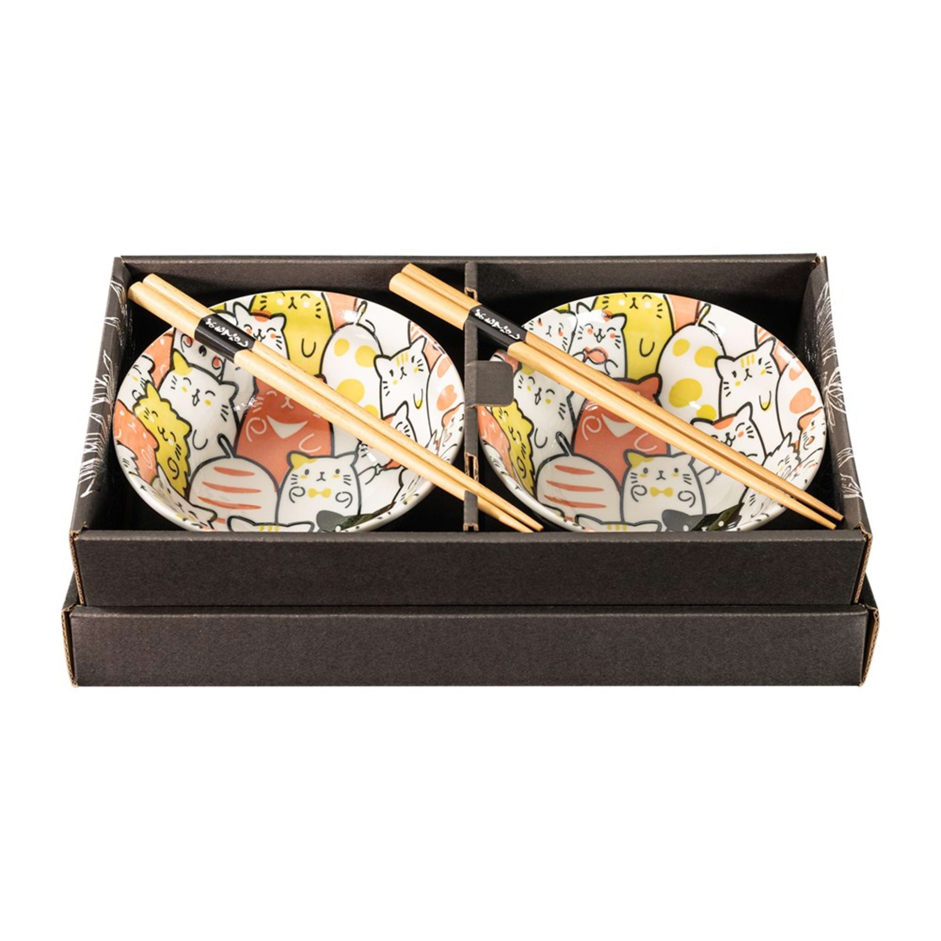 Omotenashi Purrfect Party Red 4 Piece Bowl & Chopstick Set 15x7cm