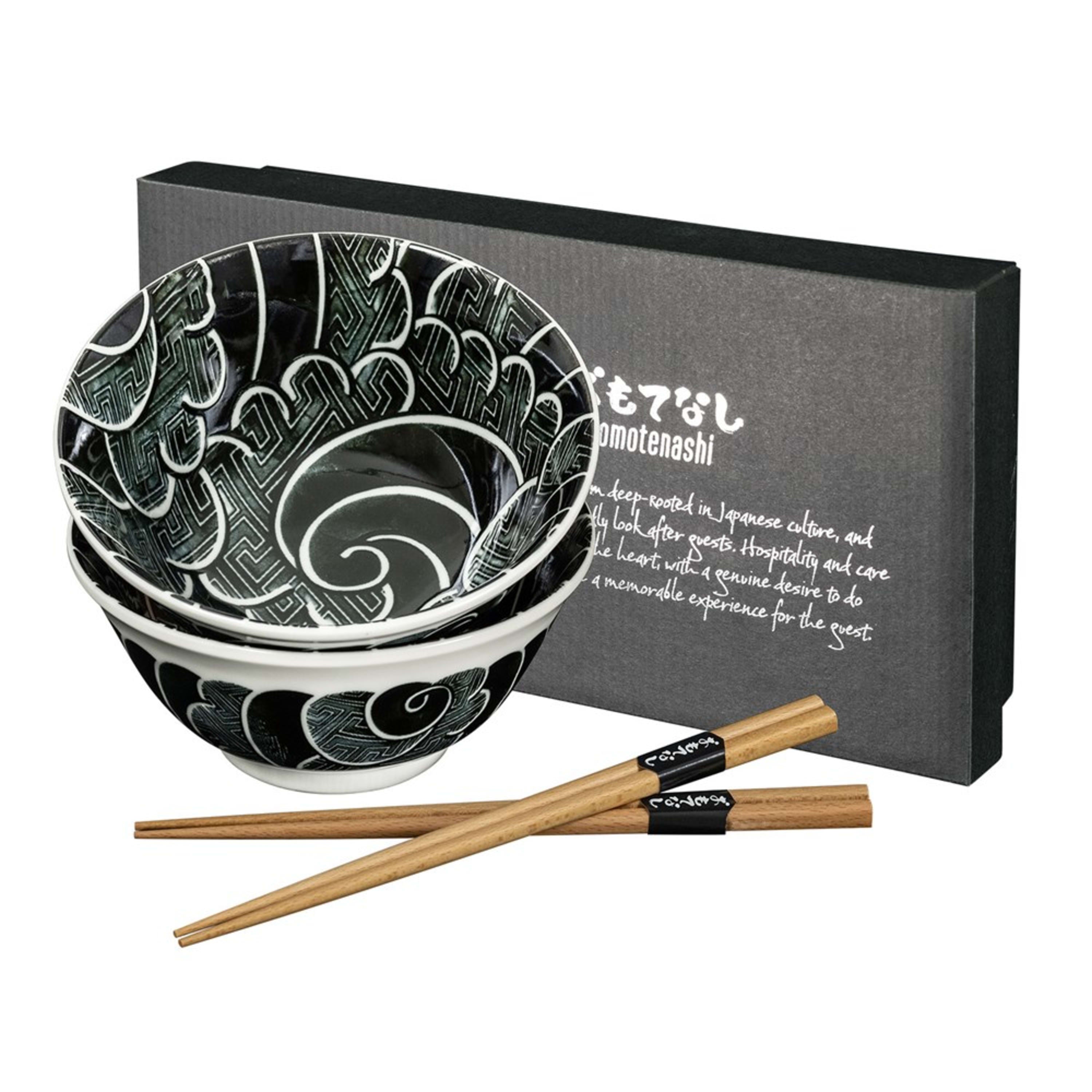 Omotenashi Sayanami - Black 4 Piece Bowl & Chopstick Set 15x7cm