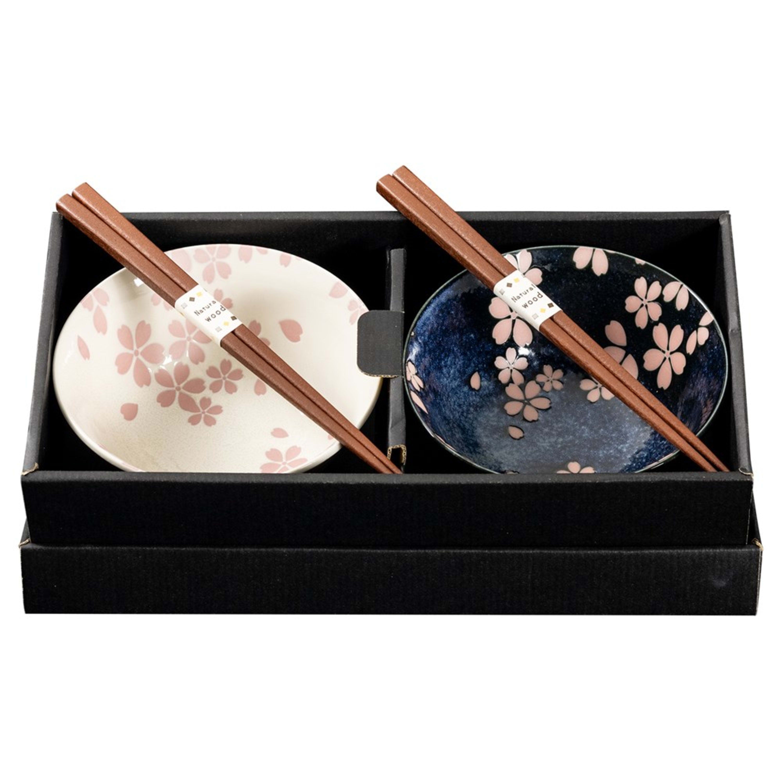 Omotenashi Hassuizakura - White & Blue 4 Piece Bowl & Chopstick Set 15x7cm