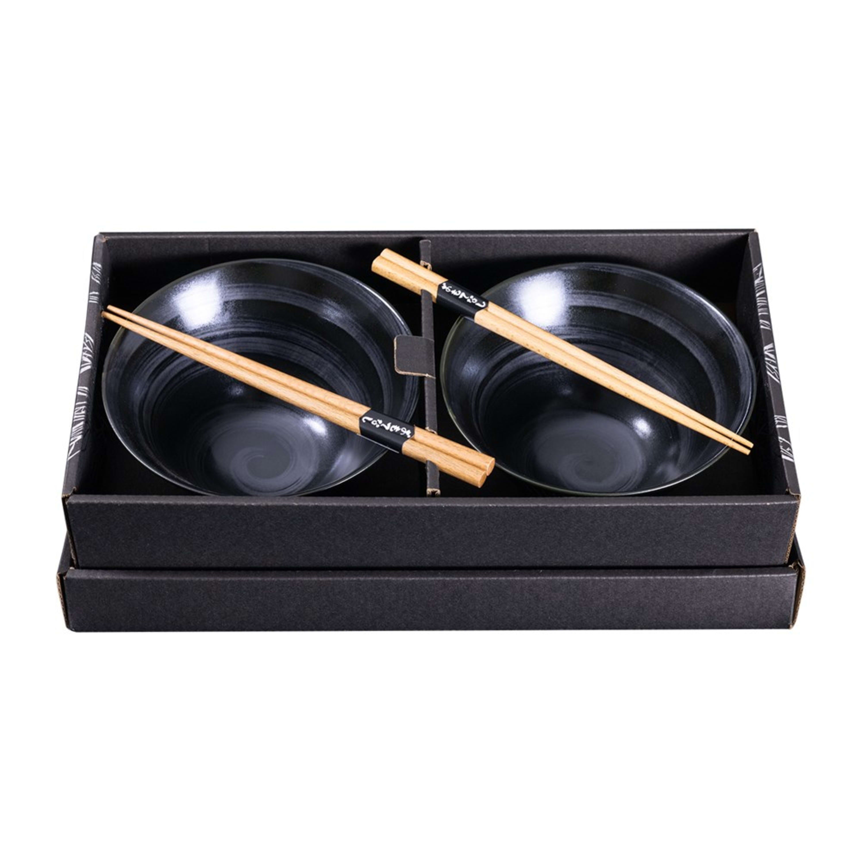 Omotenashi Sorigatadon Hori Tokusa Black 4 Piece Bowl & Chopstick Set 16x8.5cm