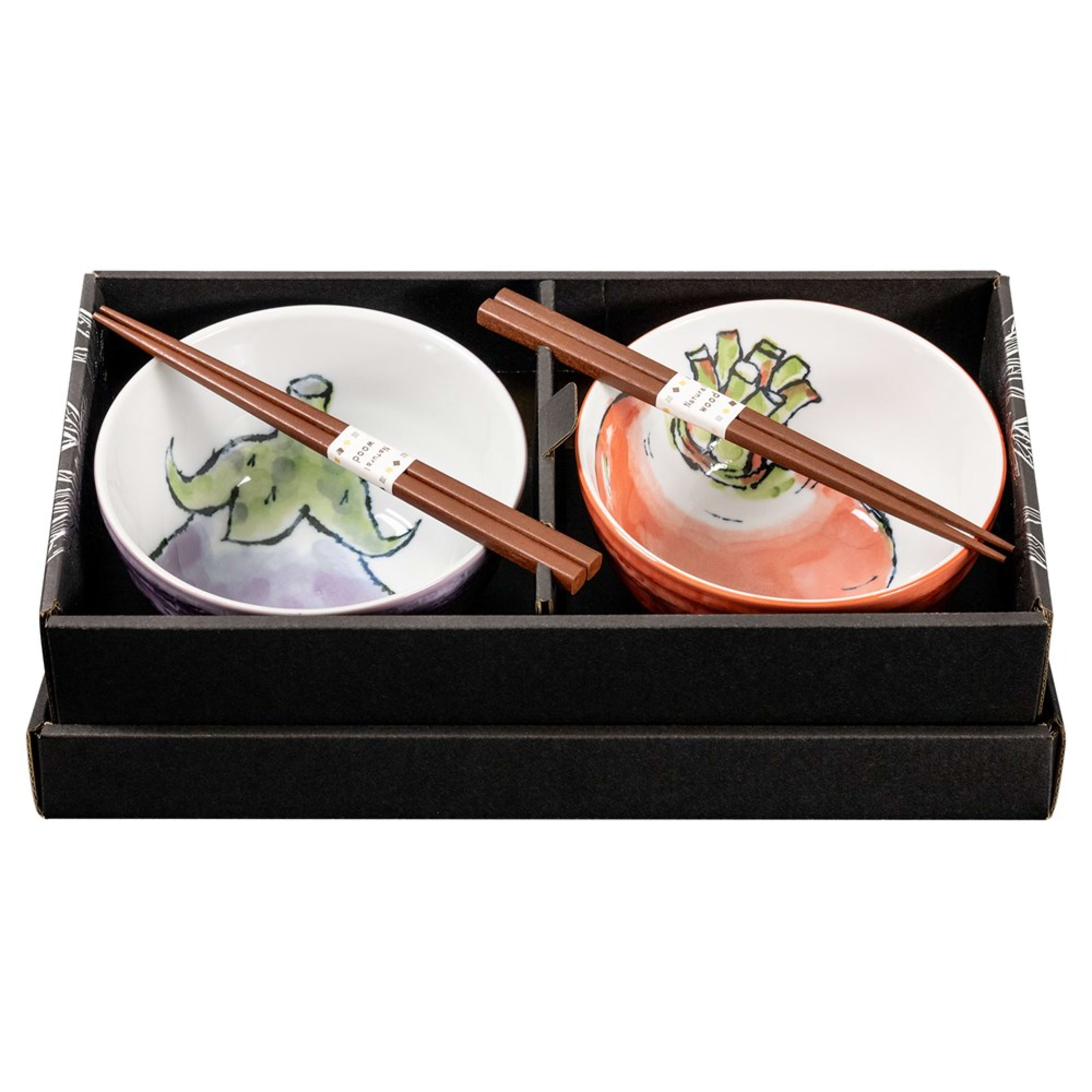 Omotenashi Etegami Veggie - Nasu & Akakabu 4 Piece Bowl & Chopstick Set 16x9cm