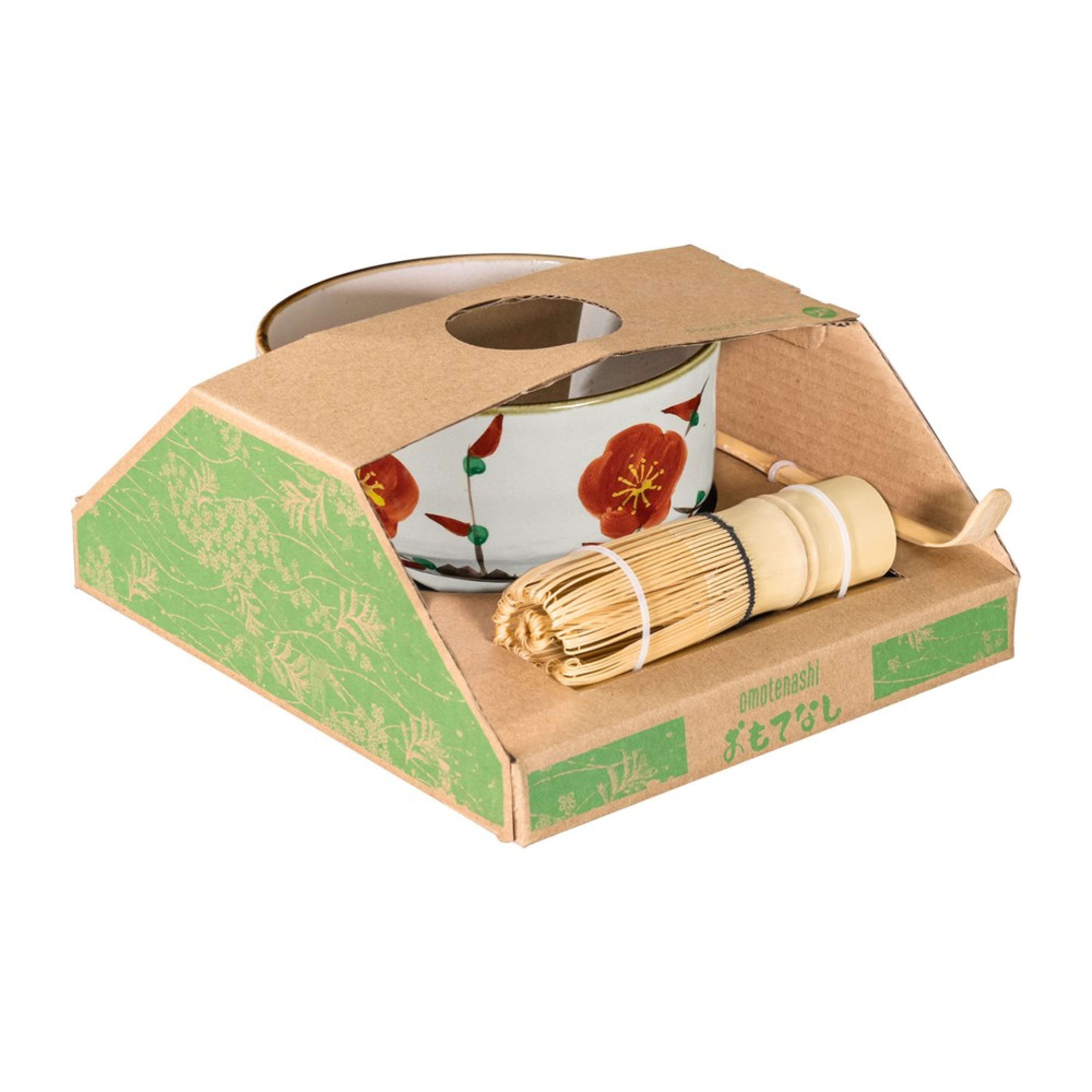 Omotenashi Hand Painted Matcha Bowl with Whisk - Akaume 12x7.5cm Gift Set