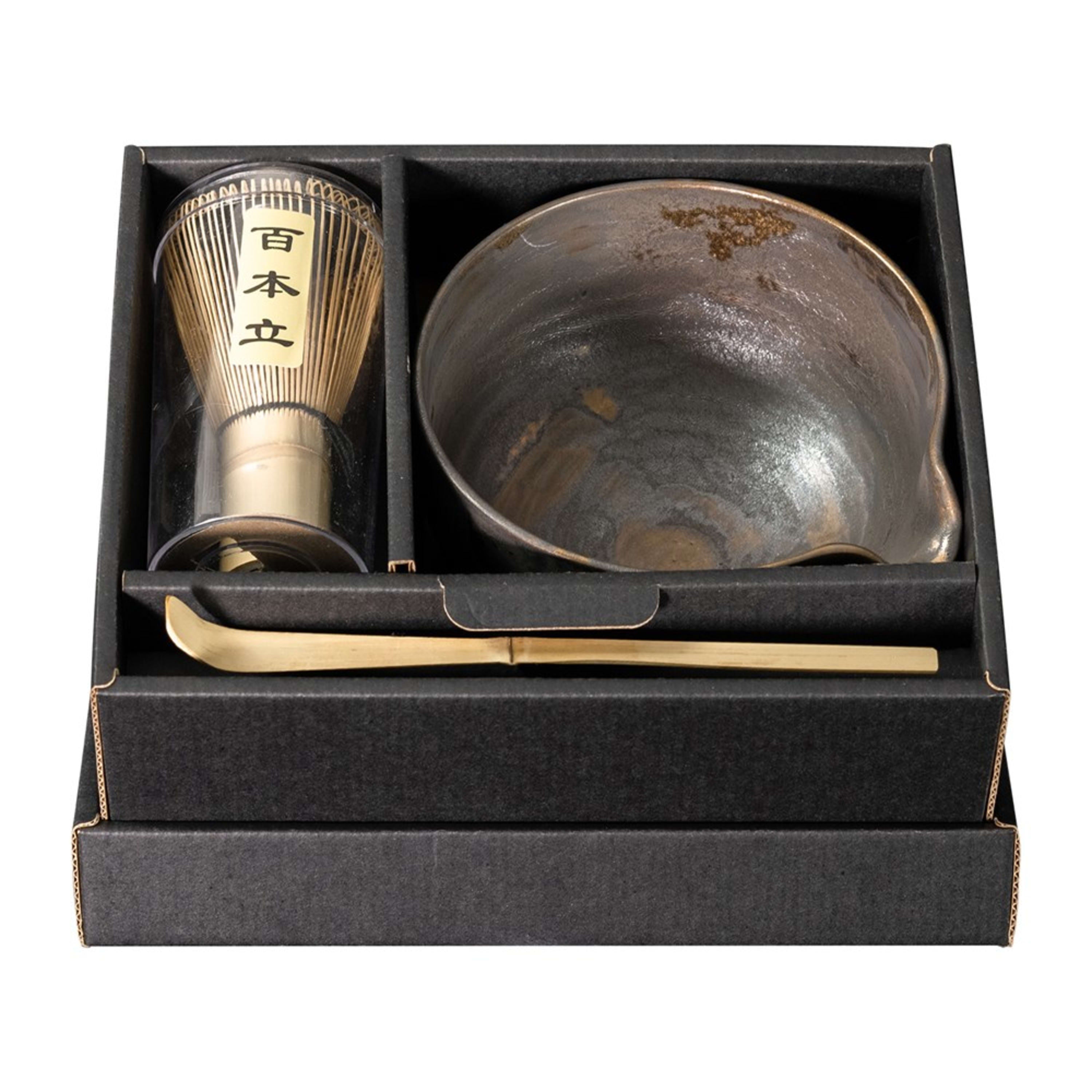 Omotenashi Black & Gold Yukiagari Spout Matcha Bowl with Whisk 14x7.5cm Gift Set