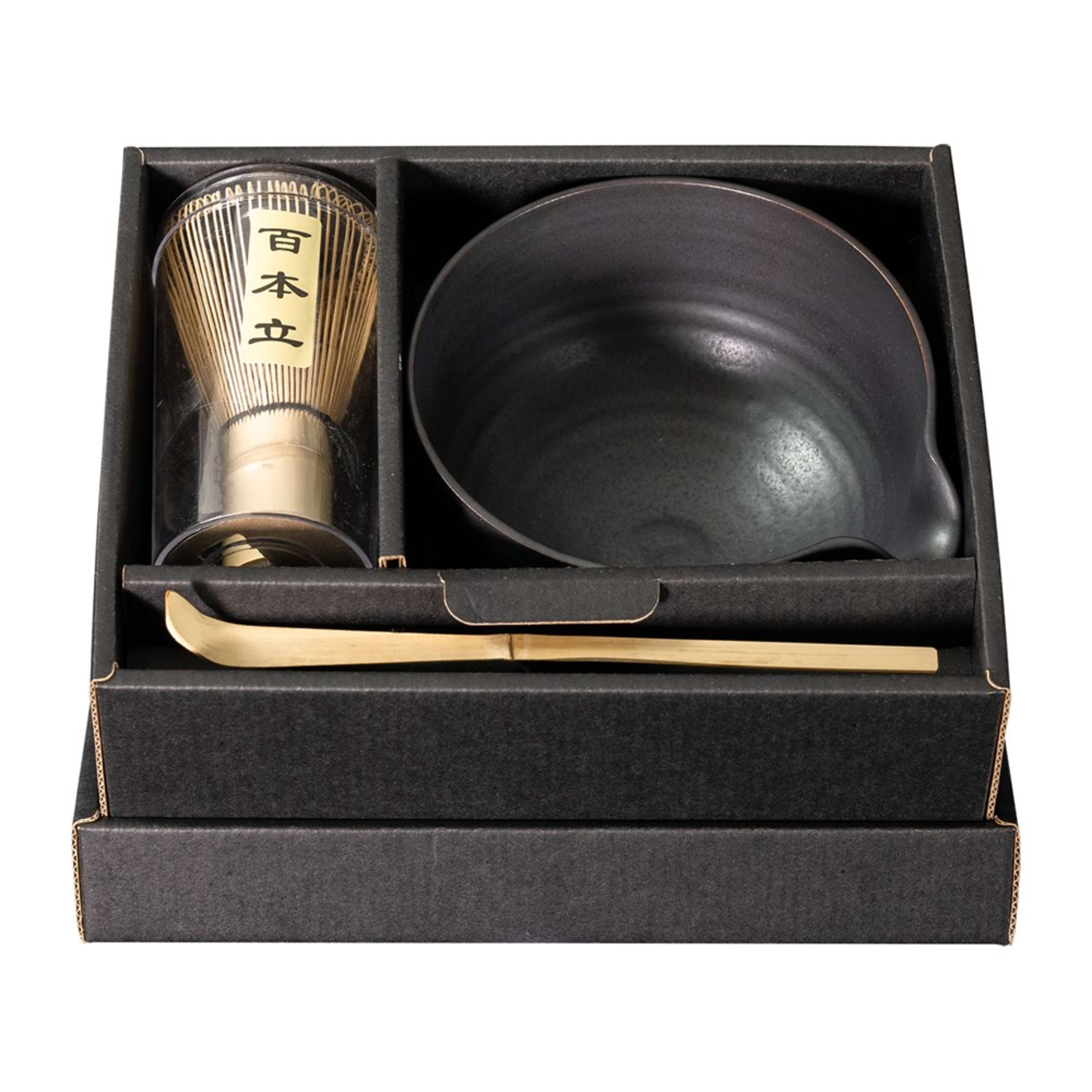 Omotenashi Black Yukiagari Spout Matcha Bowl with Whisk 14x7.5cm Gift Set