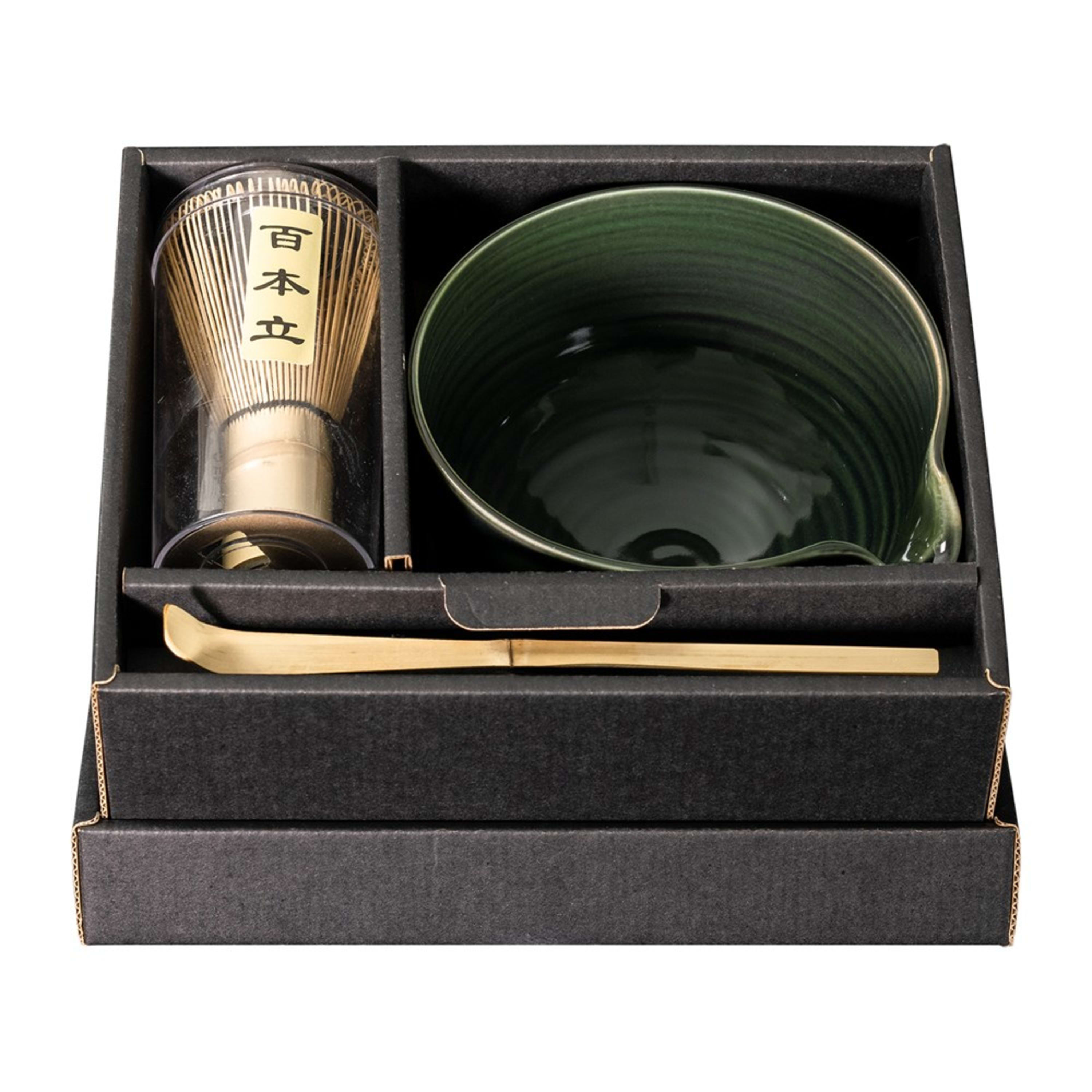 Omotenashi Olive Green Yukiagari Spout Matcha Bowl with Whisk 14x7.5cm Gift Set