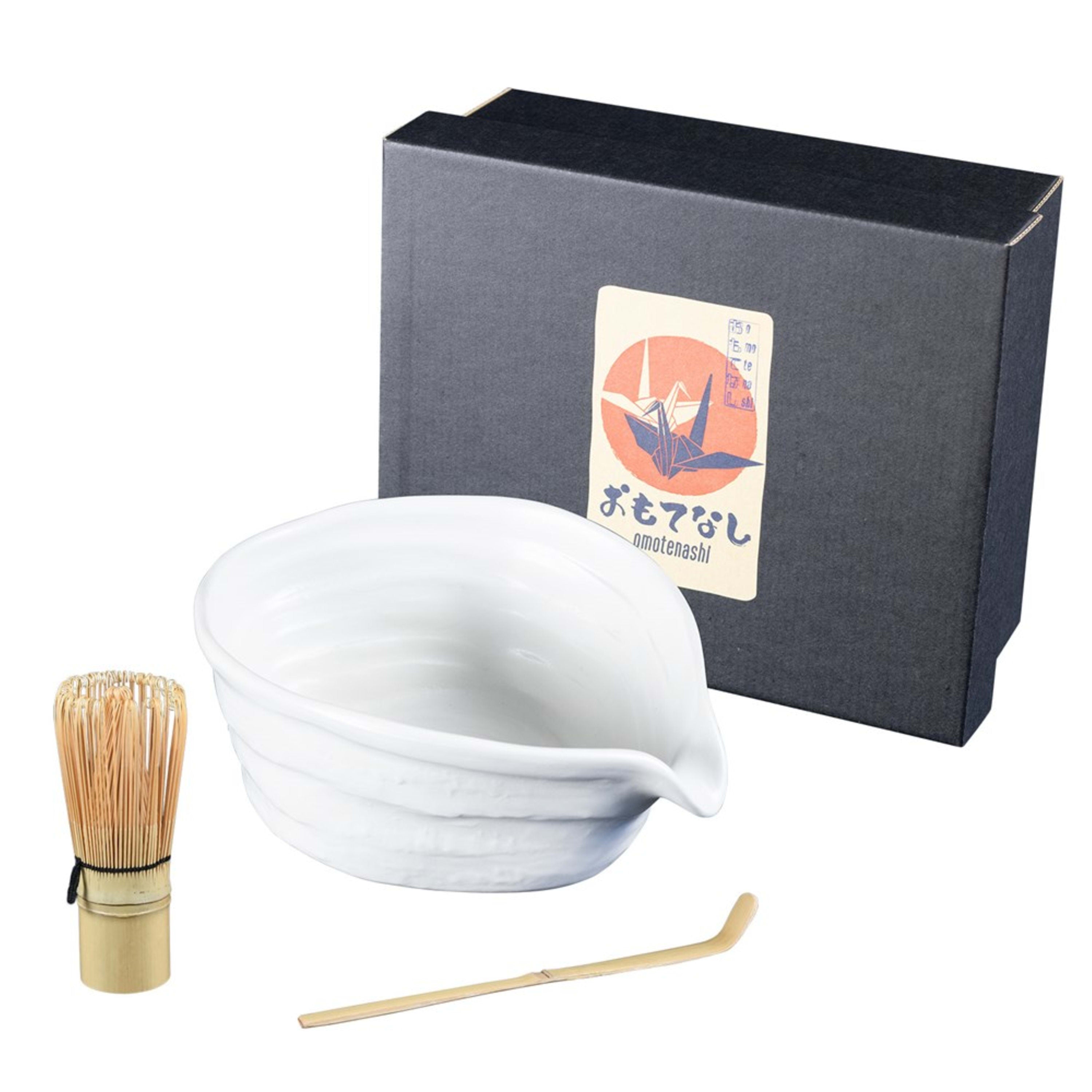 Omotenashi White Kabuto Spout Matcha Bowl with Whisk 14x7.5cm Gift Set